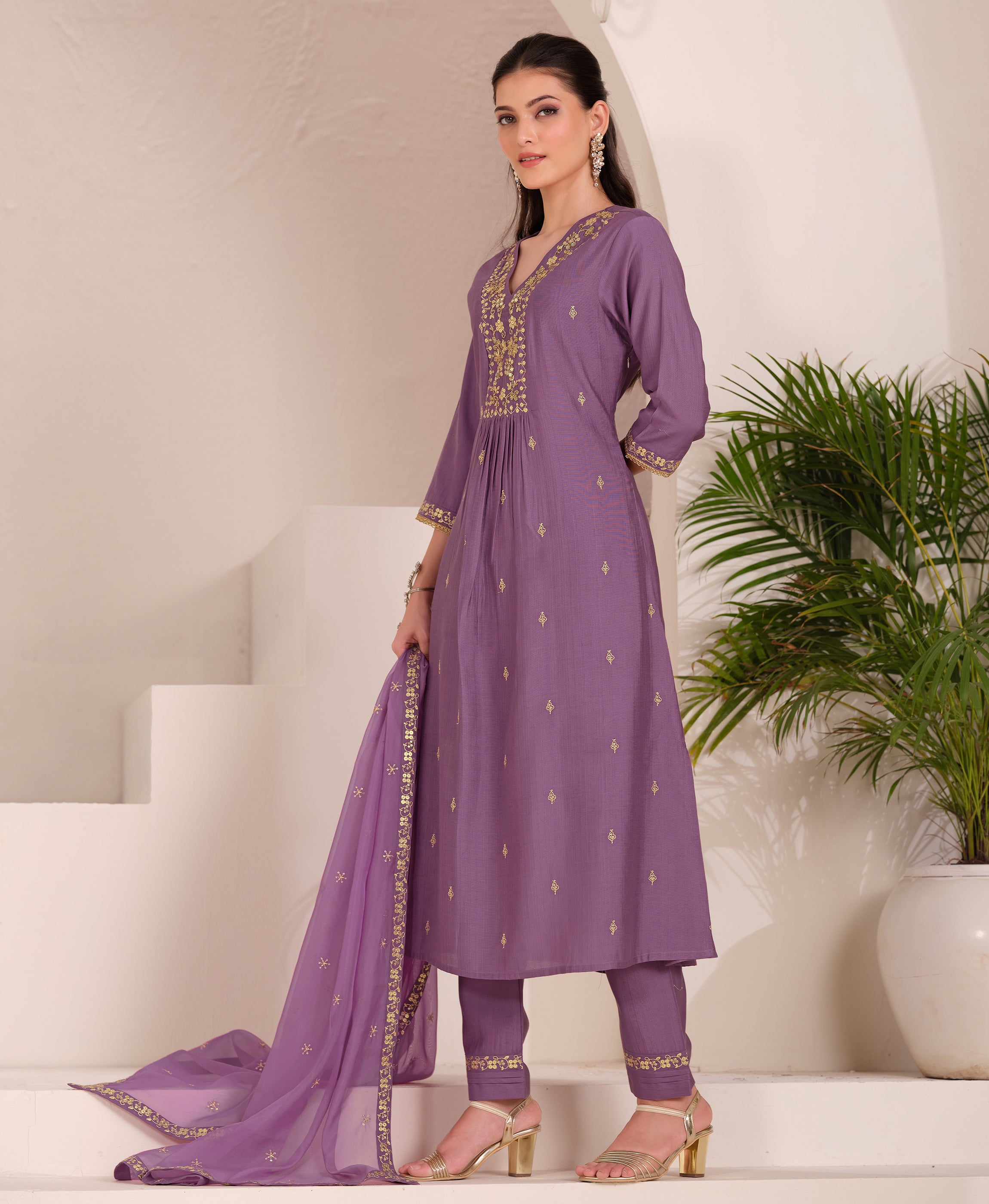 Her Couture Women's Lavender Viscose Floral Embroidered Flared Kurta With Pant & Printed Dupatta