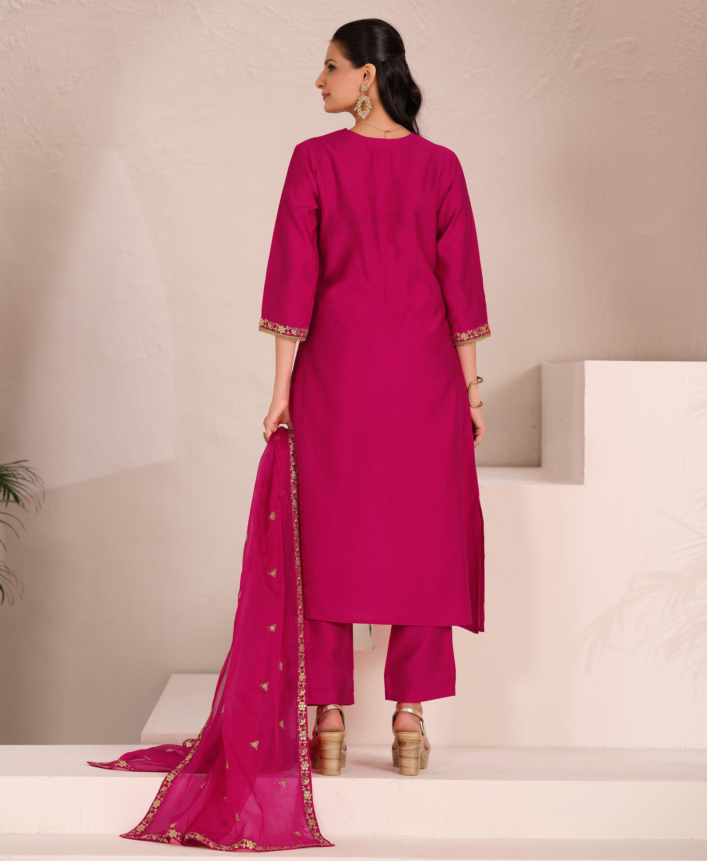 Her Couture Women's Pink Viscose Floral Embroidered Flared Kurta With Pant & Printed Dupatta