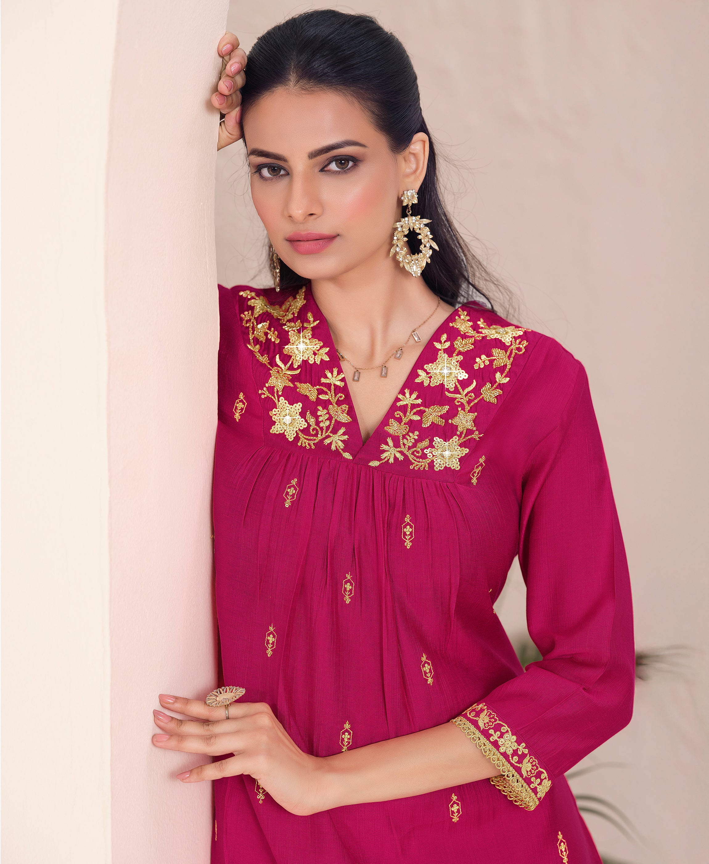Her Couture Women's Pink Viscose Floral Embroidered Flared Kurta With Pant & Printed Dupatta