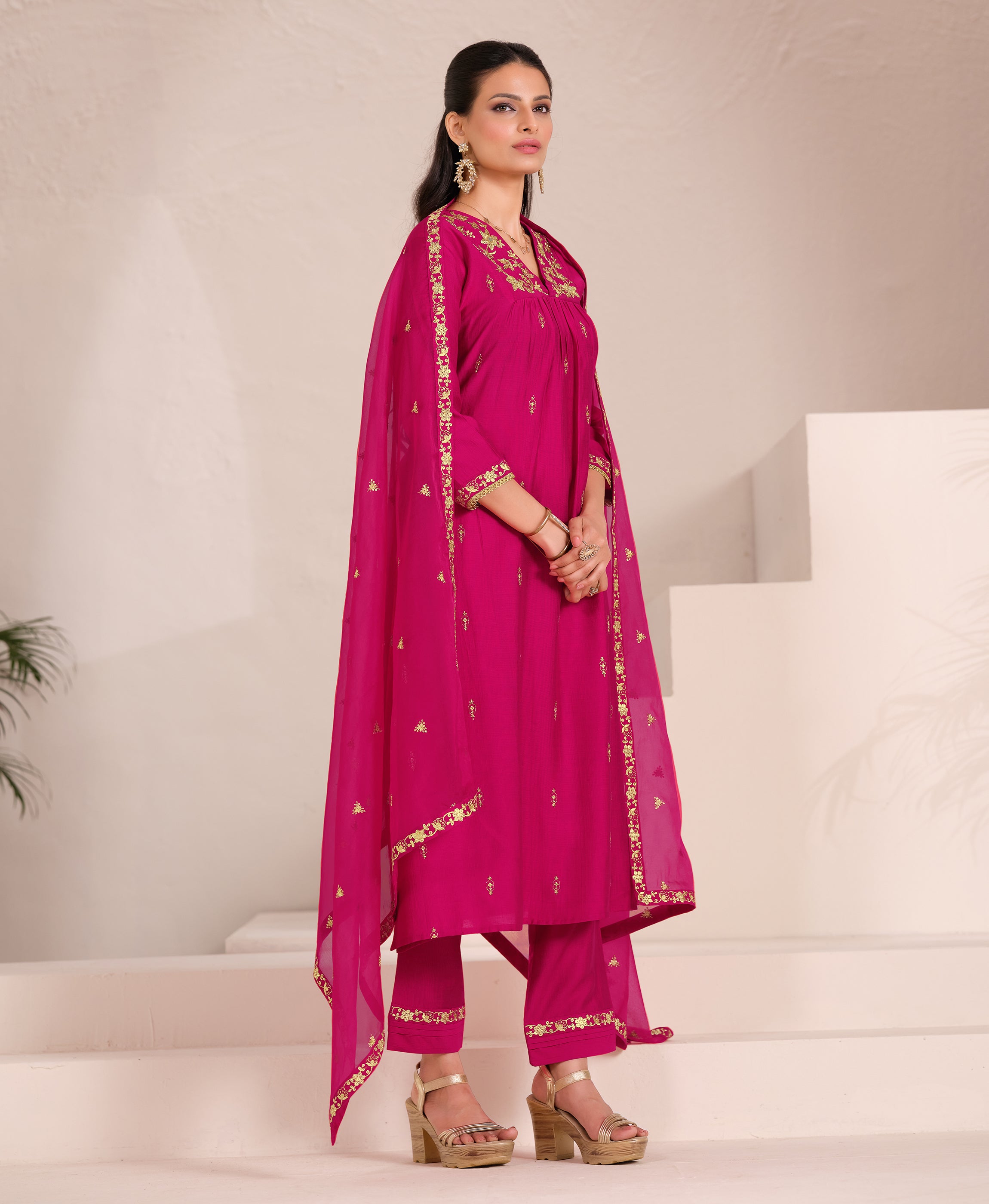 Her Couture Women's Pink Viscose Floral Embroidered Flared Kurta With Pant & Printed Dupatta