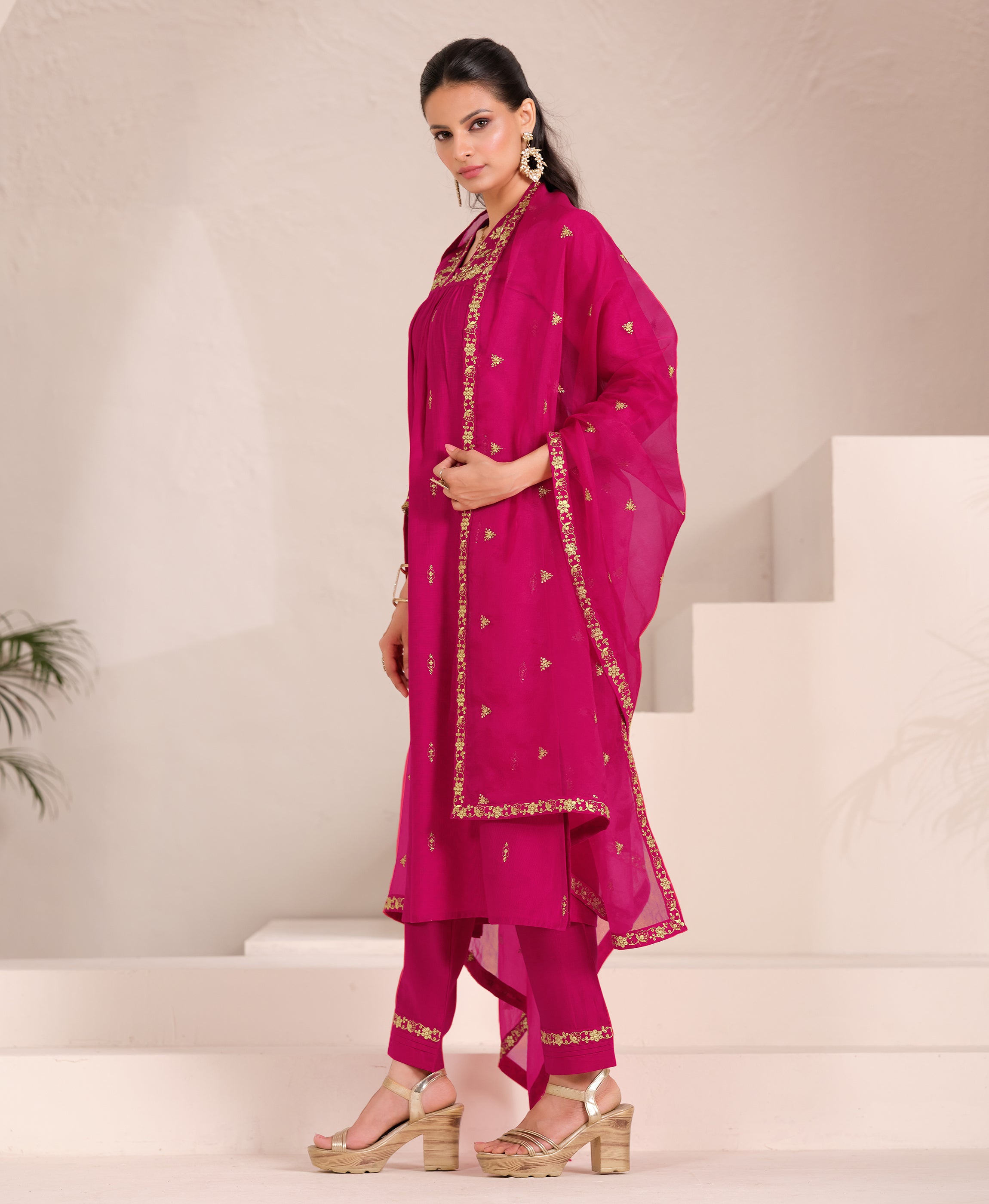 Her Couture Women's Pink Viscose Floral Embroidered Flared Kurta With Pant & Printed Dupatta