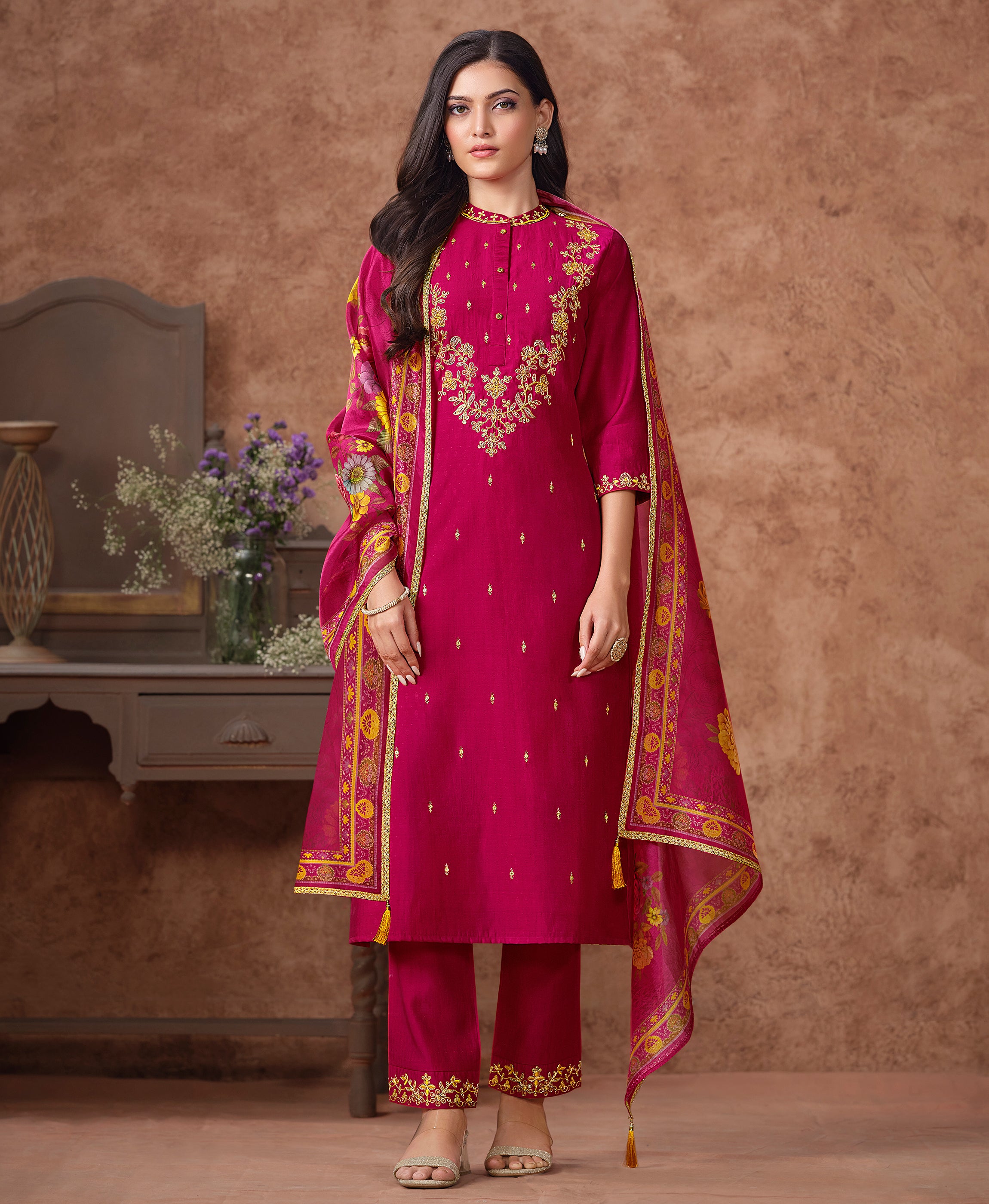 Pink Viscose Silk A-line Festive & Party Kurta Set by Her Couture