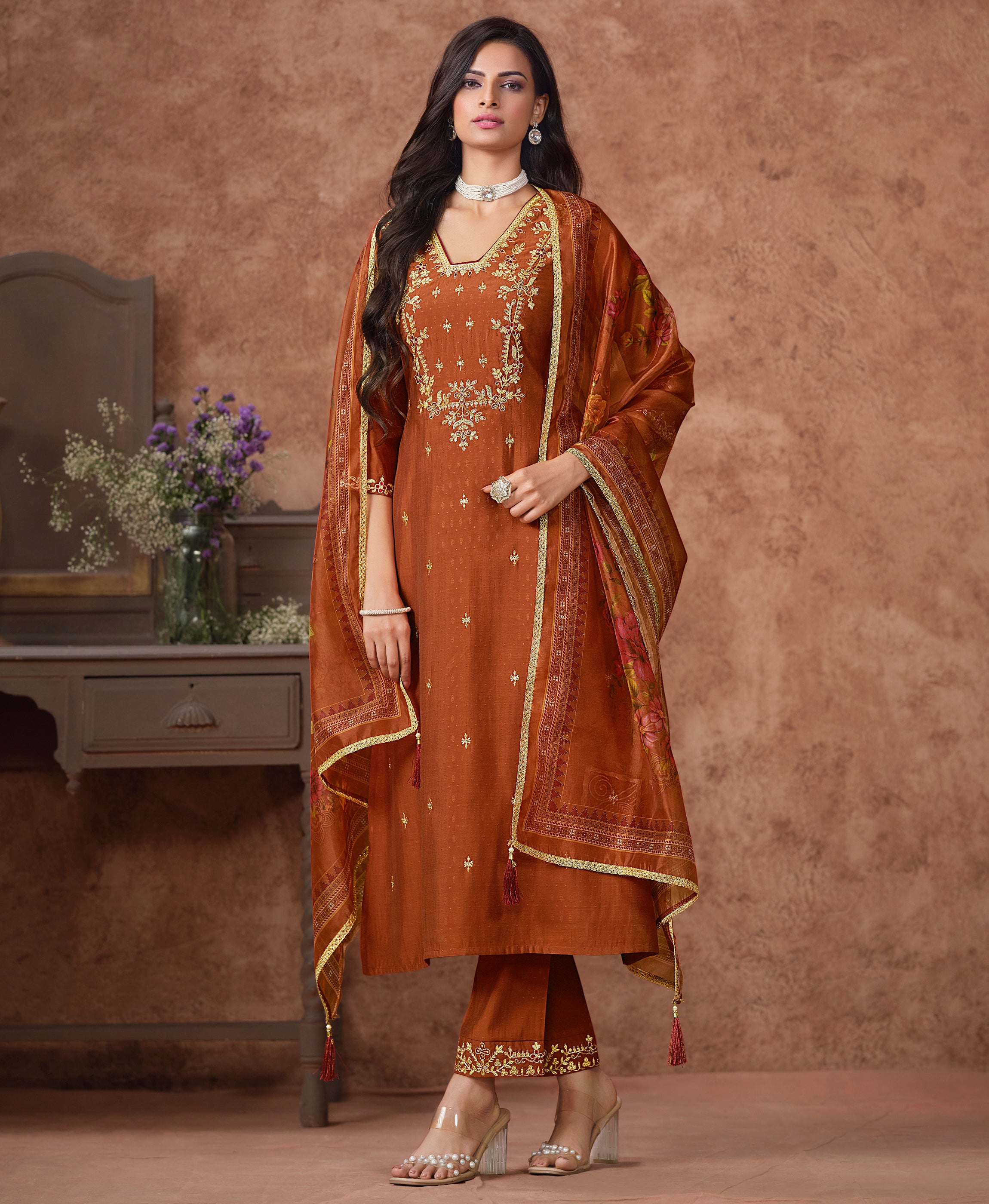 Brown Viscose Silk A-line Festive & Party Kurta Set by Her Couture
