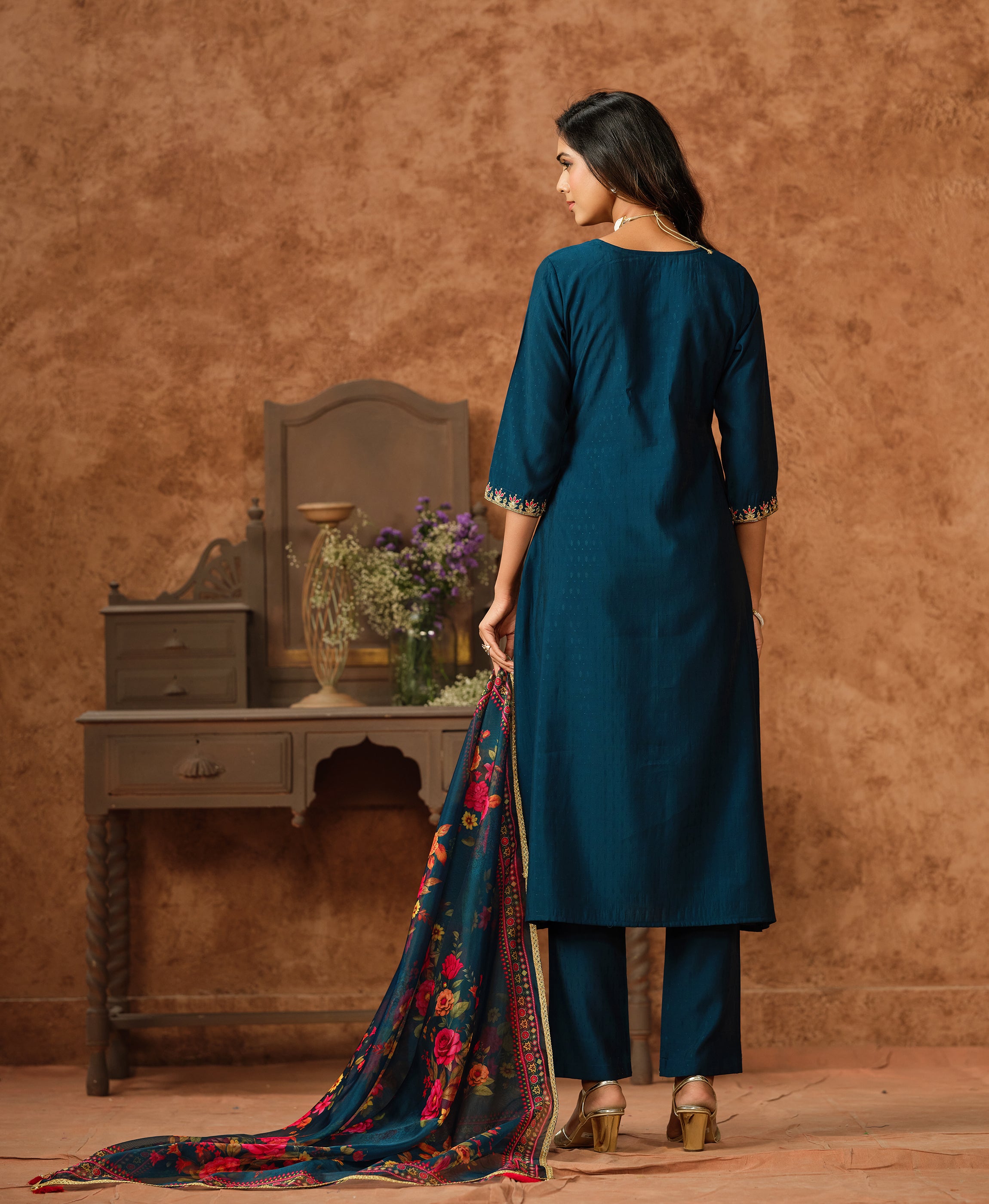 Her Couture Women's Teal Viscose Silk Floral Embroidered A-line Kurta With Pant & Printed Dupatta