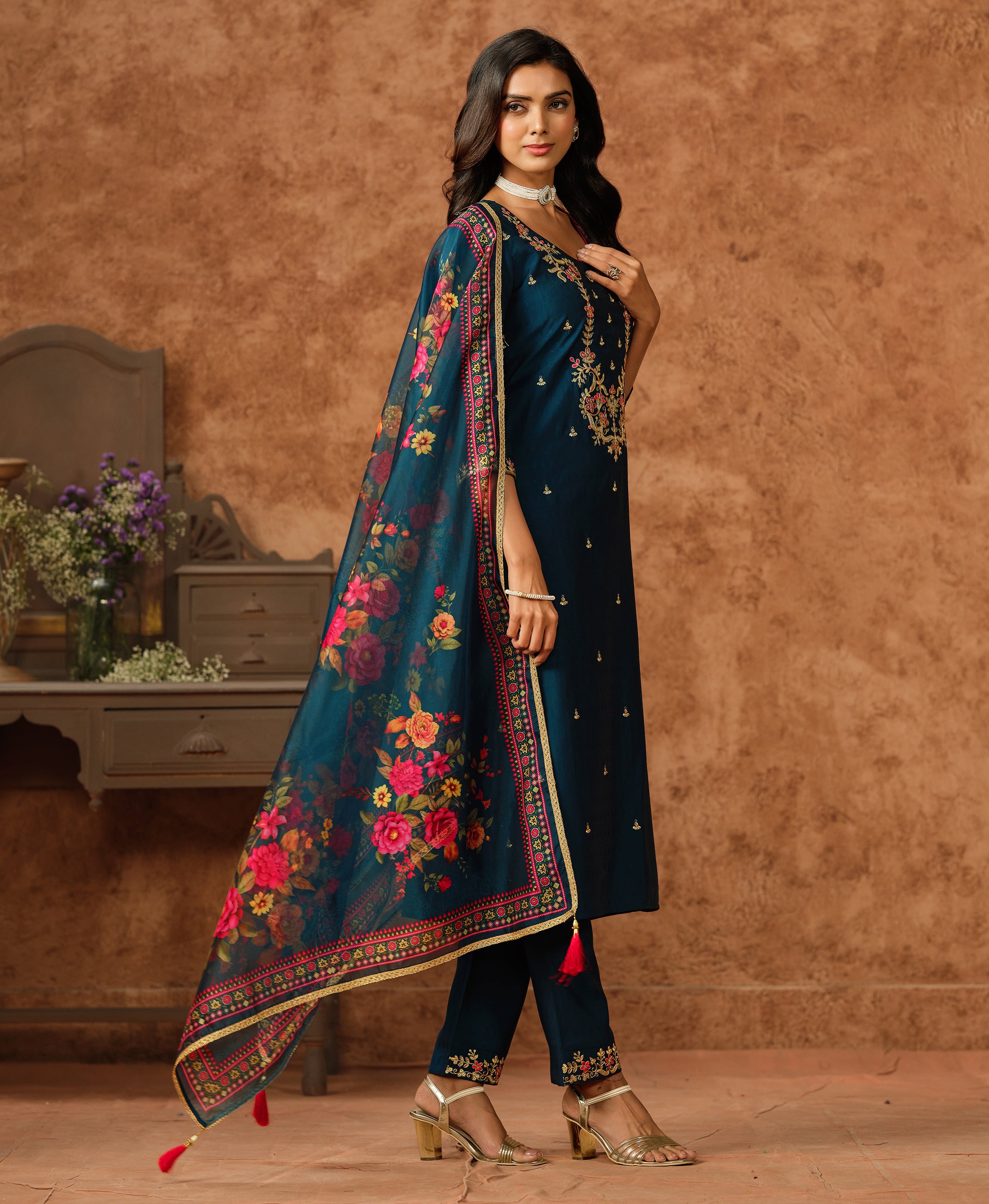 Her Couture Women's Teal Viscose Silk Floral Embroidered A-line Kurta With Pant & Printed Dupatta