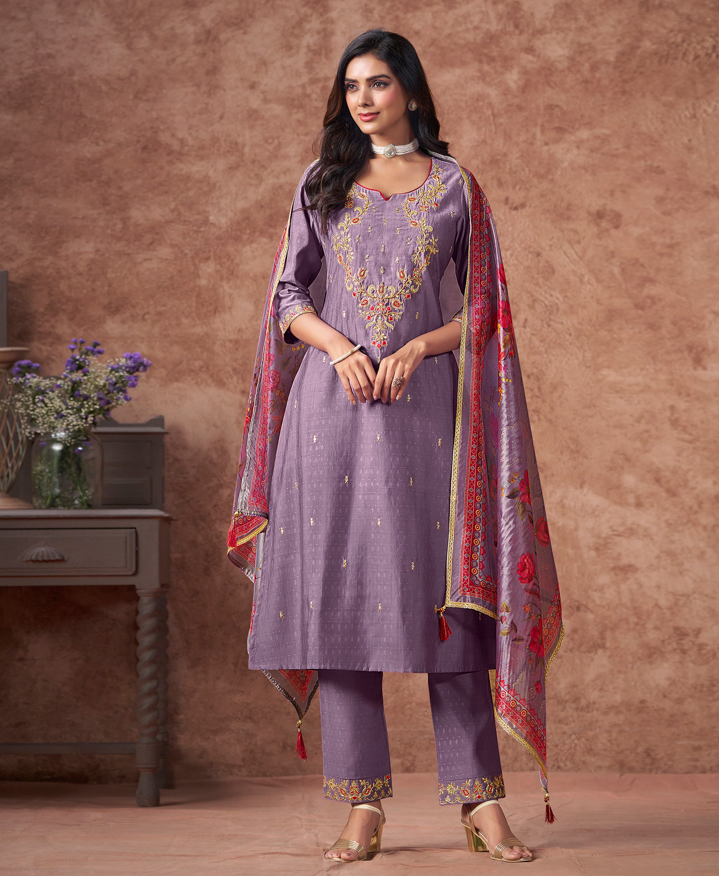 Lavender Viscose Silk A-line Festive & Party Kurta Set by Her Couture