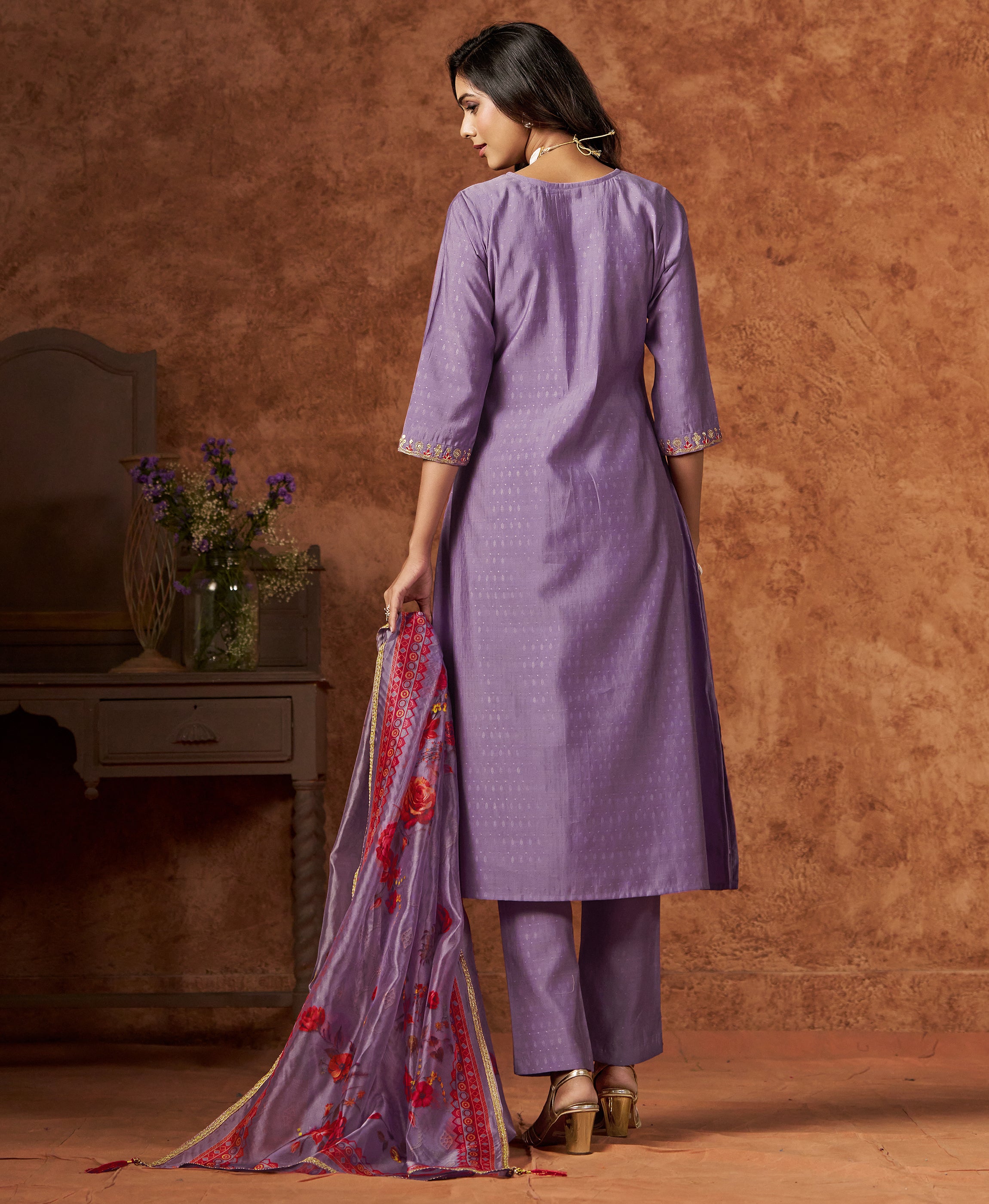 Her Couture Women's Lavender Viscose Silk Floral Embroidered A-line Kurta With Pant & Printed Dupatta