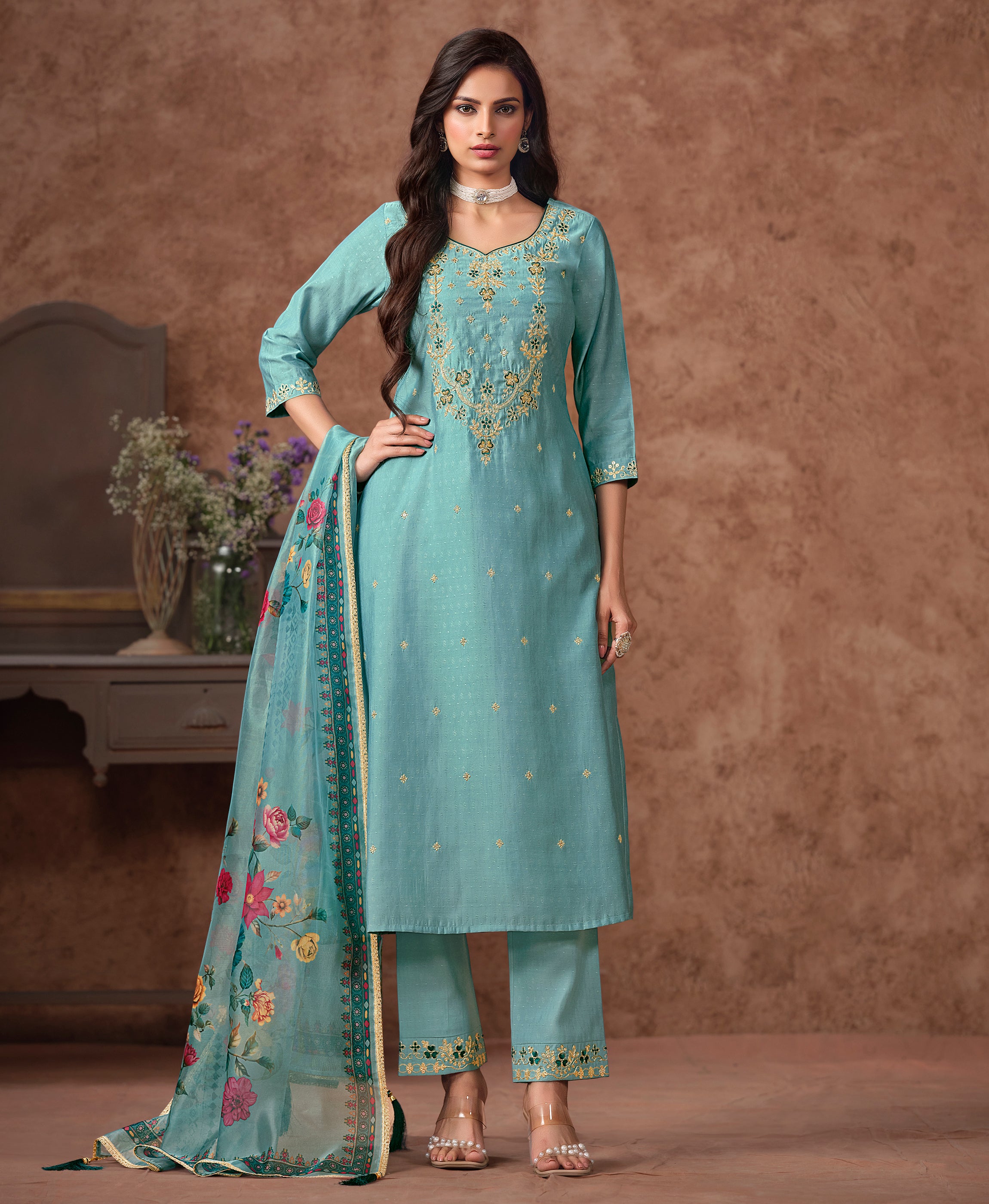 Sea Green Viscose Silk A-line Festive & Party Kurta Set by Her Couture