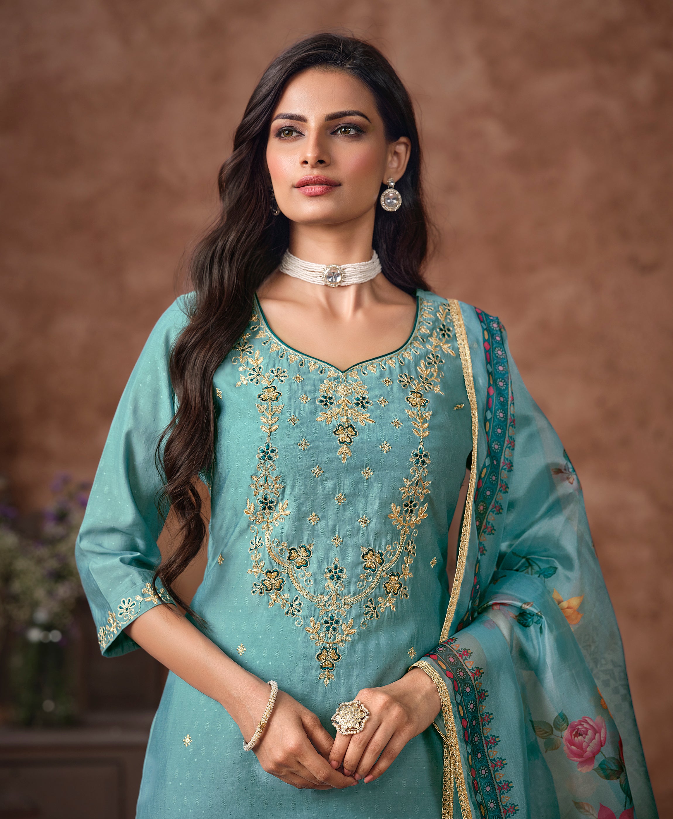 Her Couture Women's Sea Green Viscose Silk Floral Embroidered A-line Kurta With Pant & Printed Dupatta