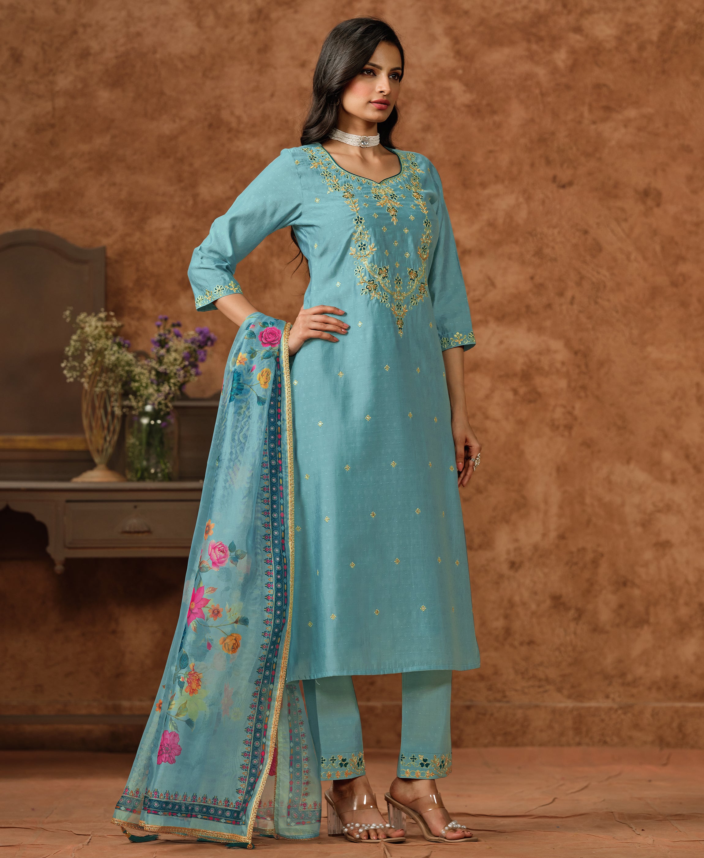 Her Couture Women's Sea Green Viscose Silk Floral Embroidered A-line Kurta With Pant & Printed Dupatta