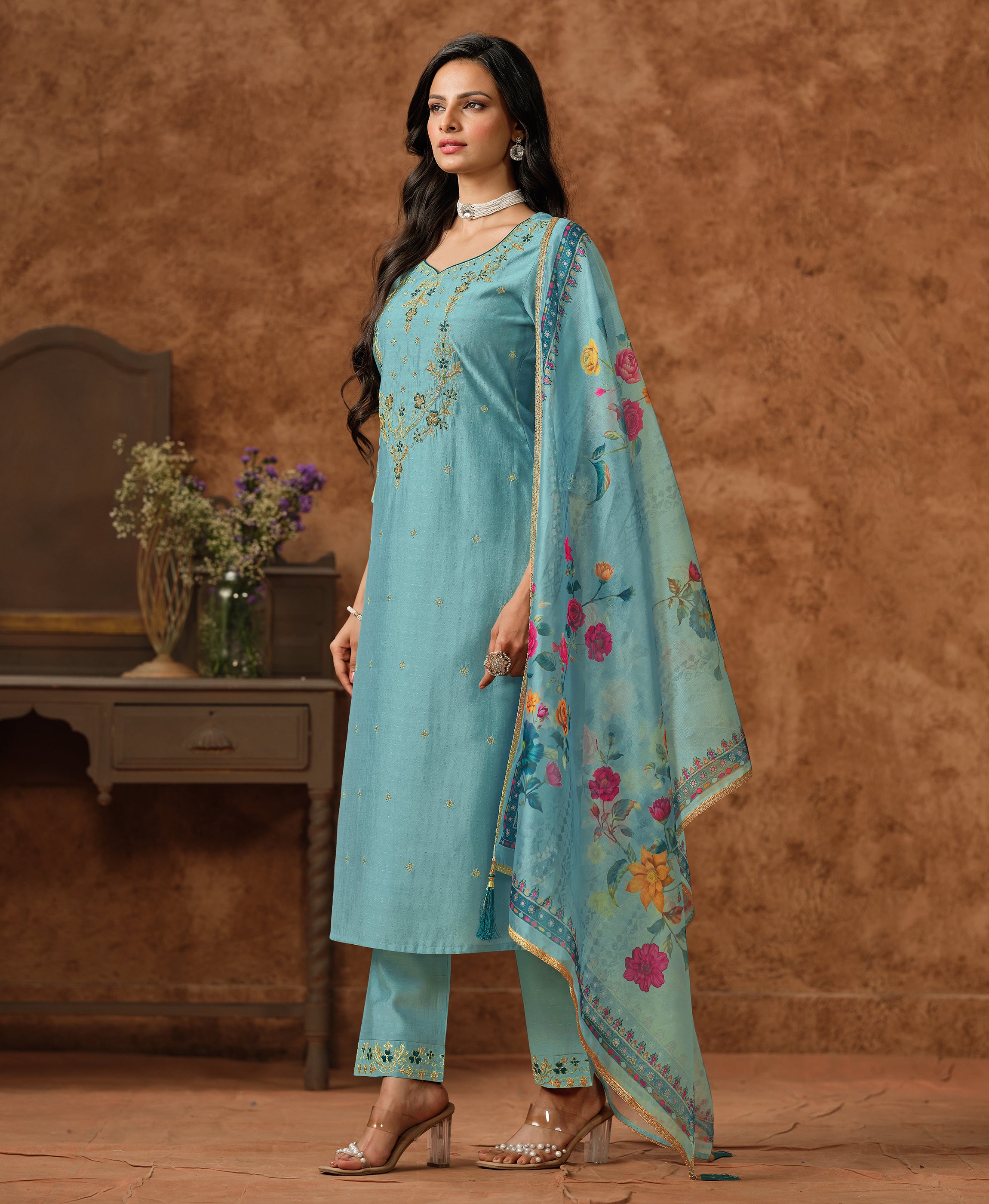 Her Couture Women's Sea Green Viscose Silk Floral Embroidered A-line Kurta With Pant & Printed Dupatta