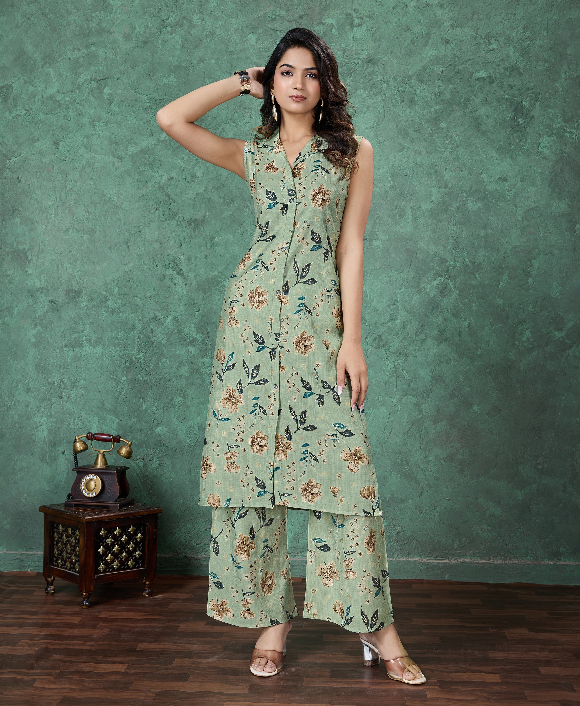 Light Green Viscose Straight Festive & Party Kurta Set by Her Couture