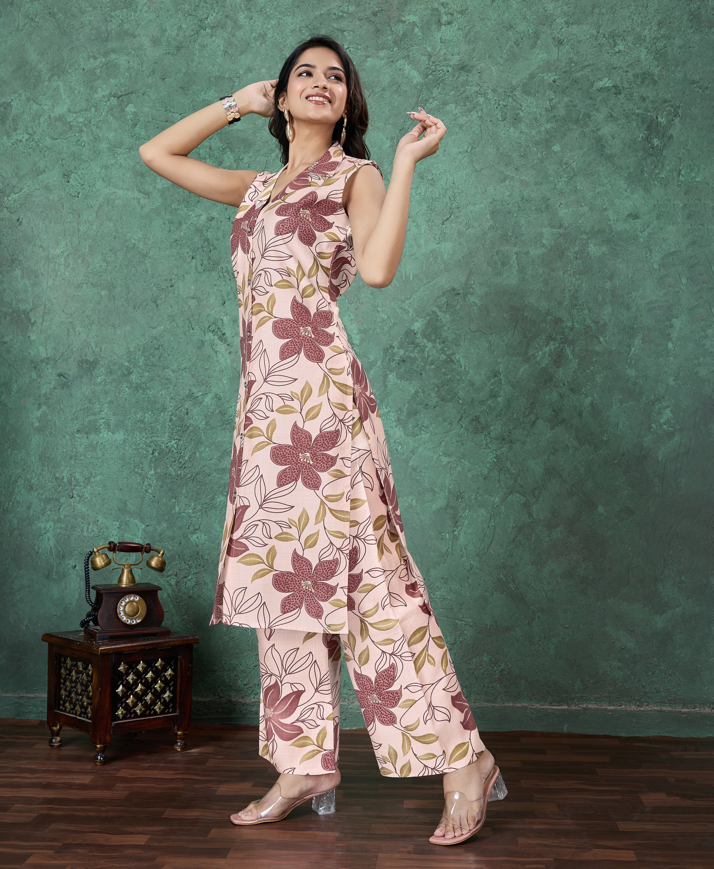 Her Couture Women's Maroon Viscose Floral & Leaf Embellished Straight Kurta With Palazzo