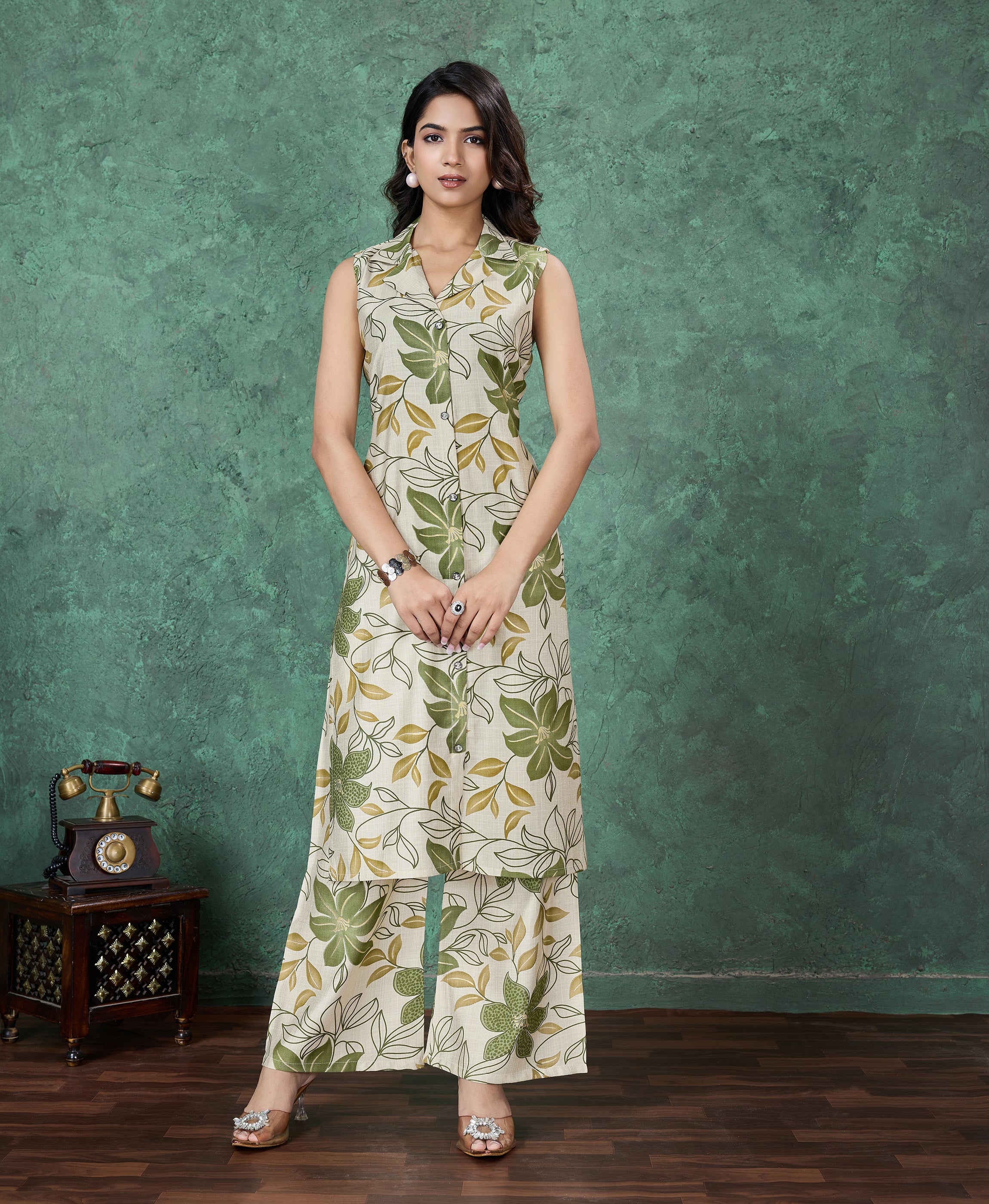 Olive Green Viscose Straight Festive & Party Kurta Set by Her Couture