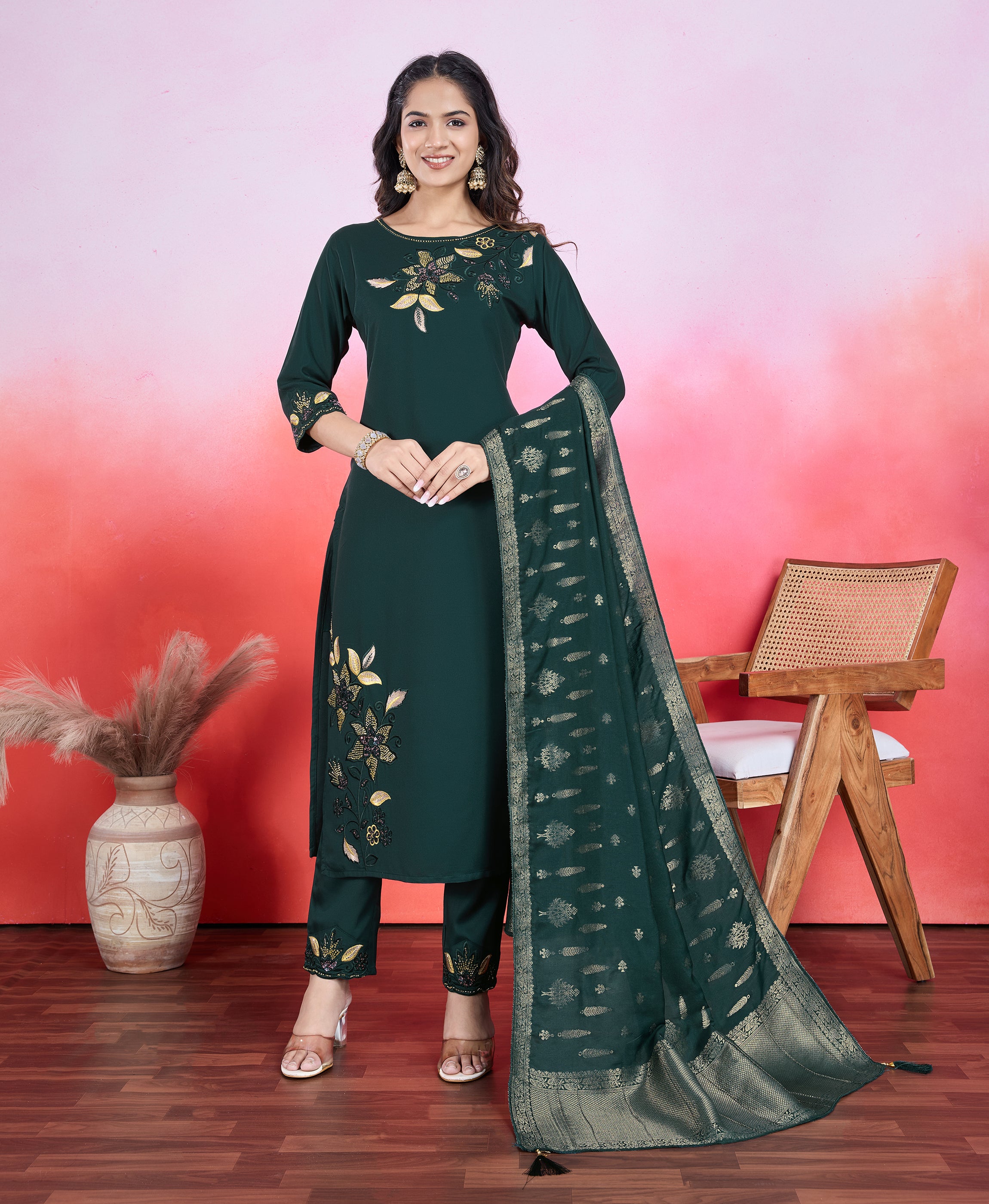 Dark Green Viscose Satin Straight Festive & Party Kurta Set by Her Couture