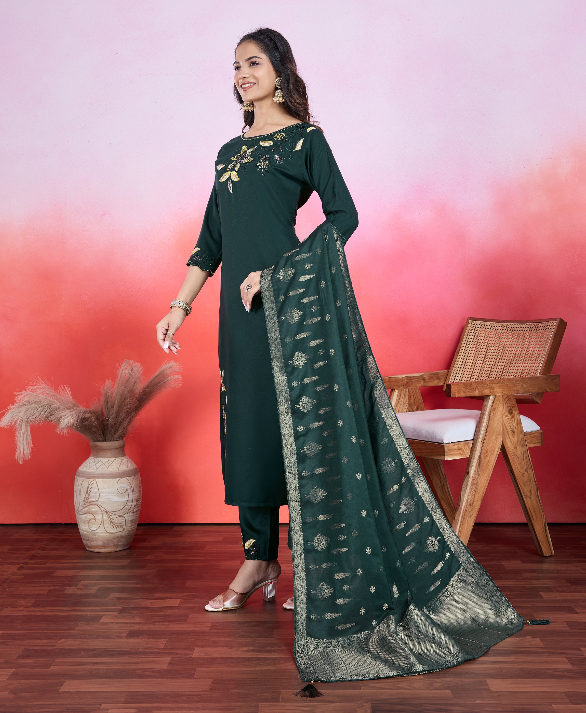 Her Couture Women's Dark Green Viscose Satin Floral Embroidered Straight Kurta With Pant & Printed Dupatta