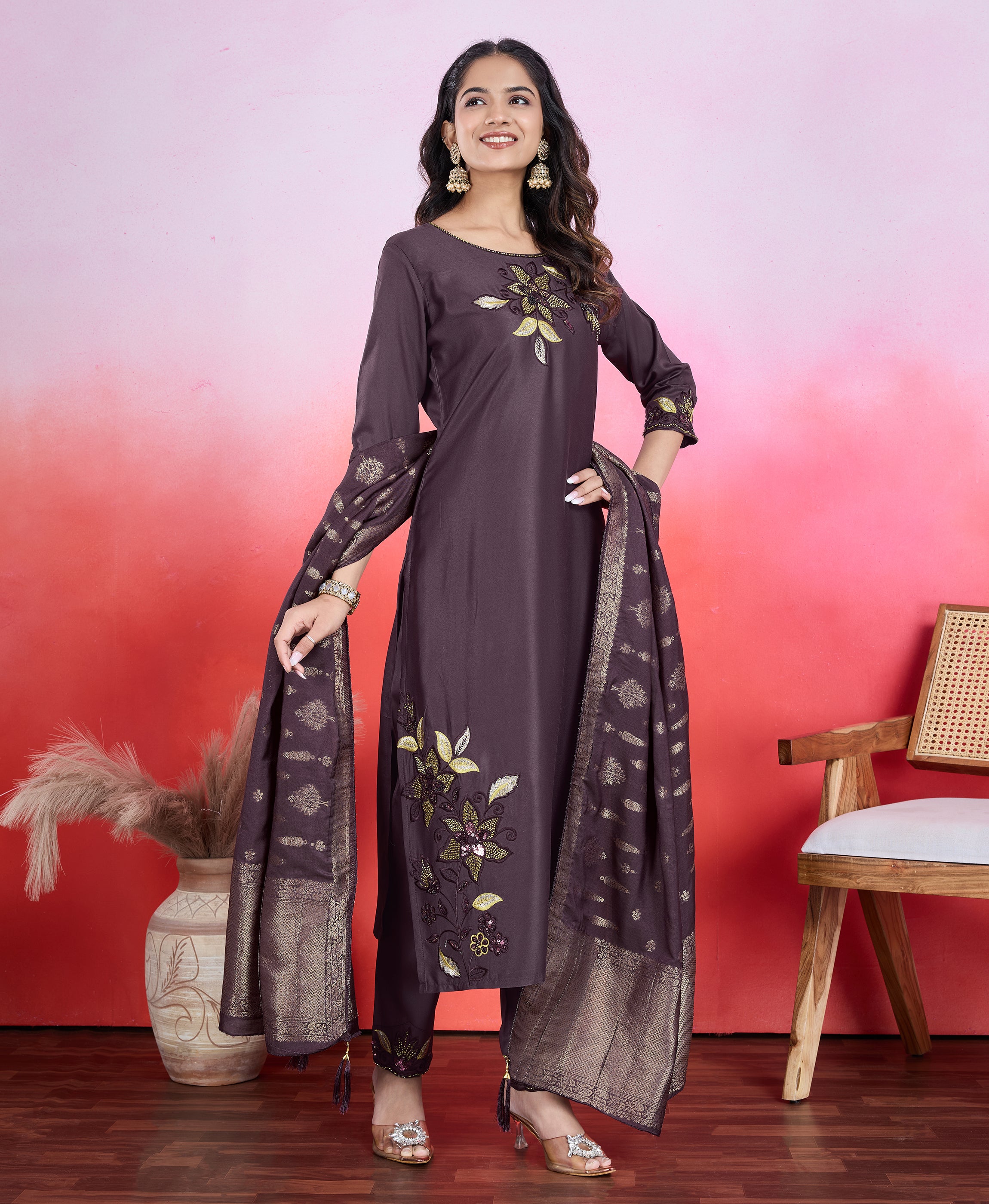 Her Couture Women's Purple Viscose Satin Floral Embroidered Straight Kurta With Pant & Printed Dupatta
