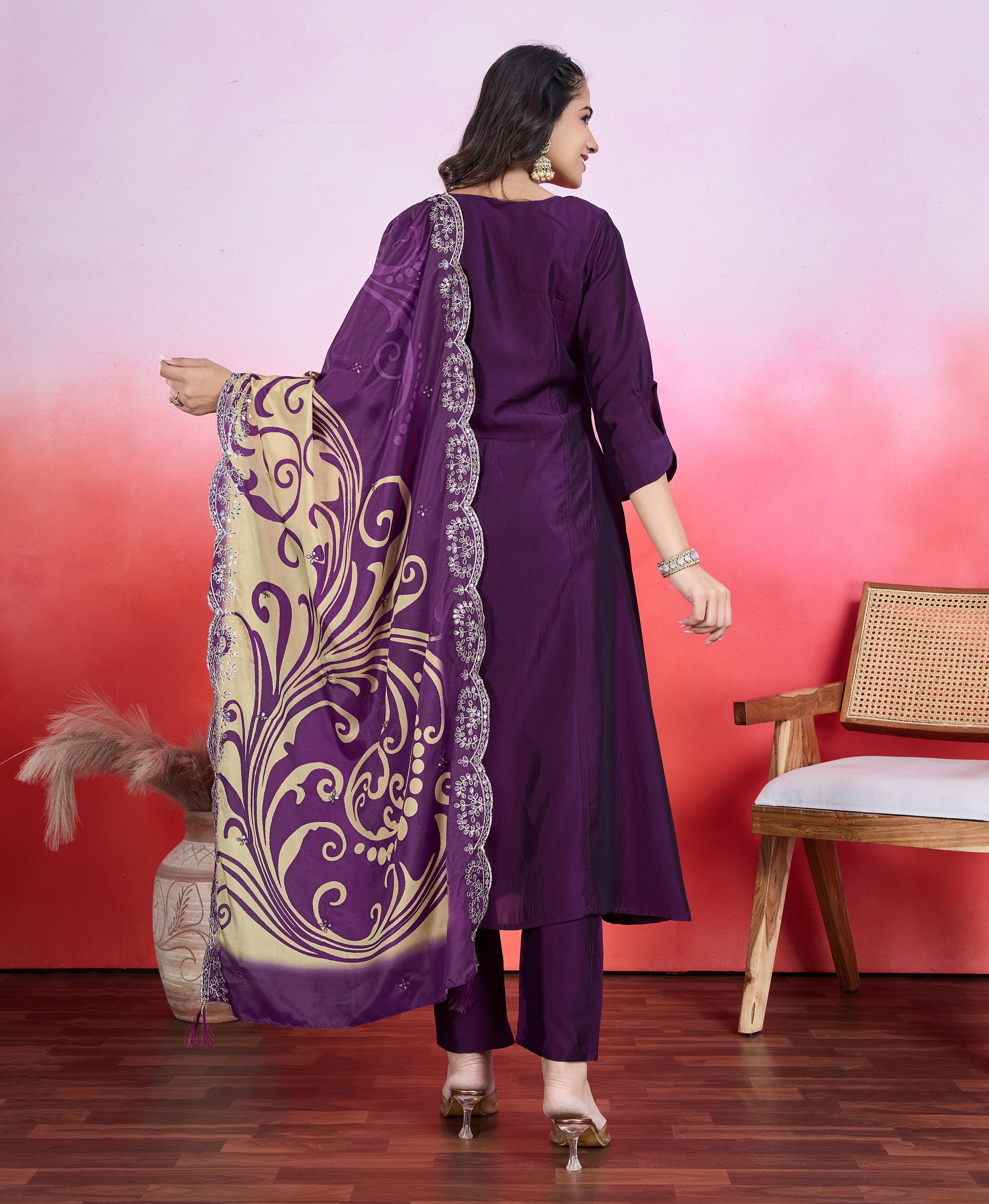 Her Couture Women's Purple Viscose Silk Floral Embroidered Flared Kurta With Pant & Printed Dupatta