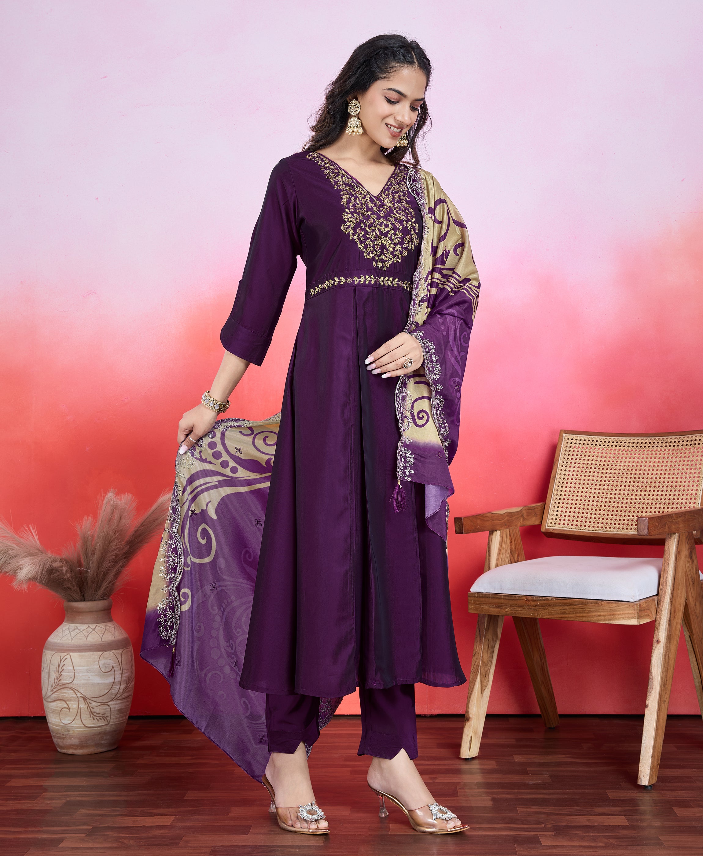 Her Couture Women's Purple Viscose Silk Floral Embroidered Flared Kurta With Pant & Printed Dupatta