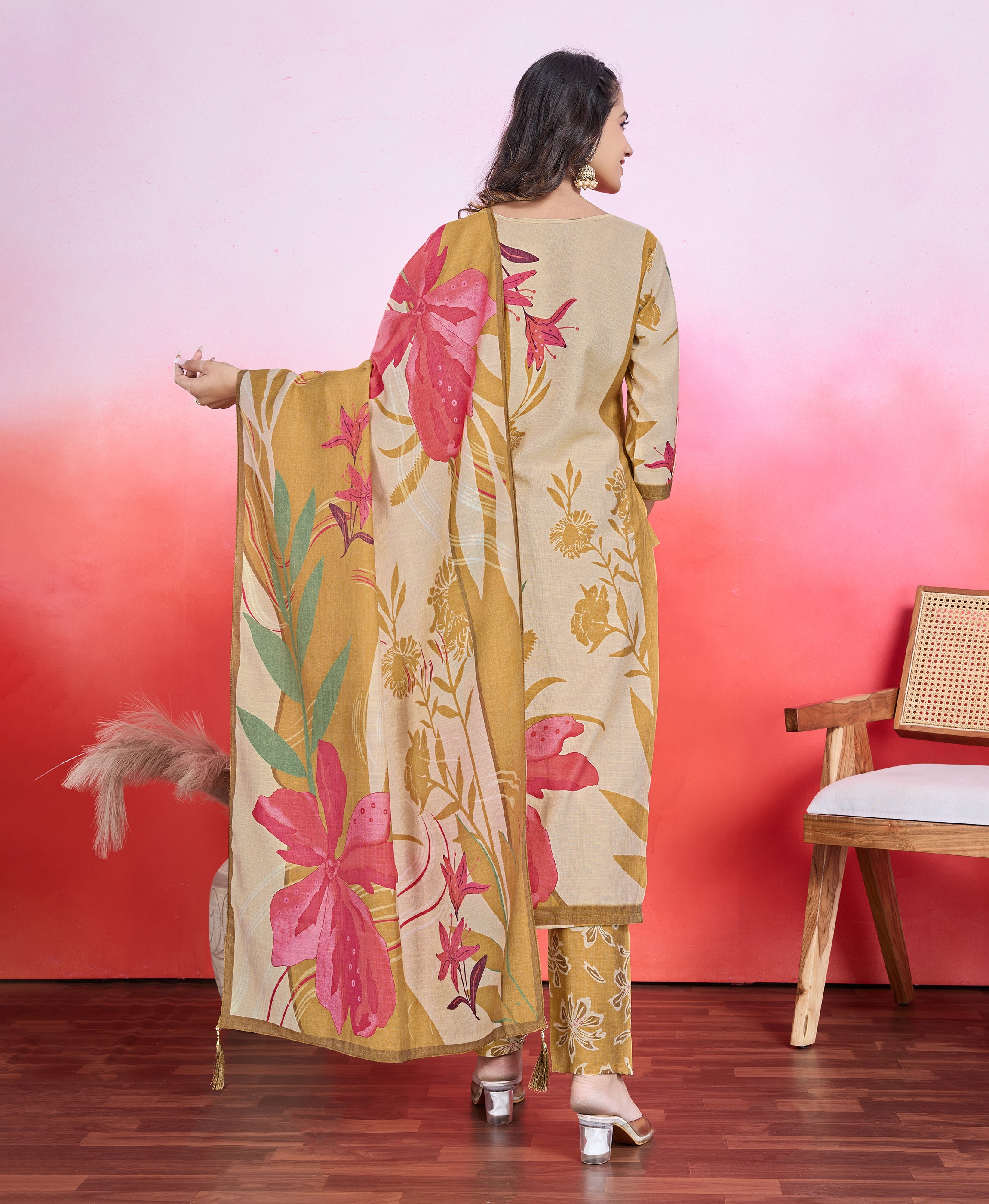 Her Couture Women's Mustard Viscose Floral & Leaf Print Straight Kurta With Pant & Printed Dupatta