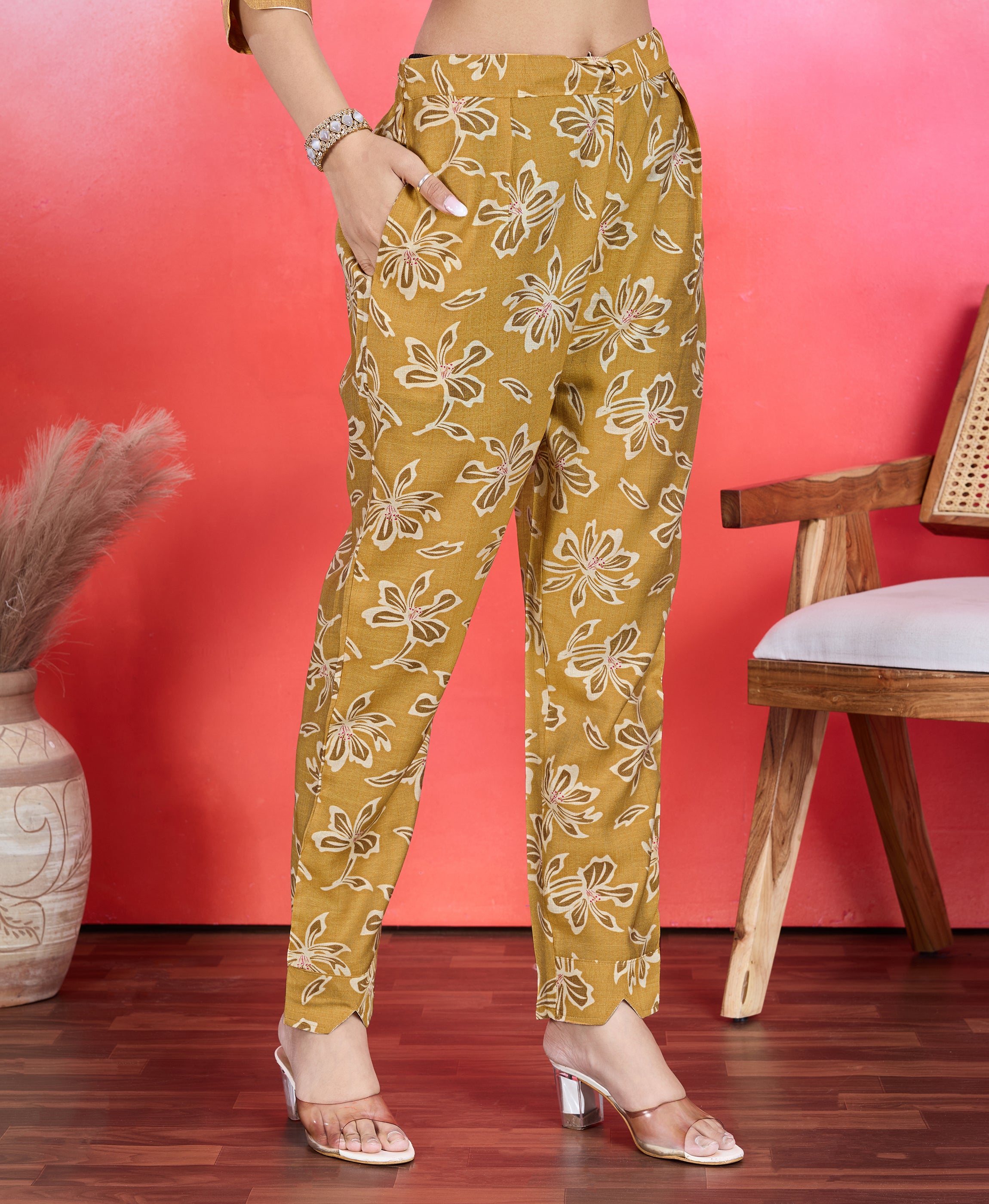 Her Couture Women's Mustard Viscose Floral & Leaf Print Straight Kurta With Pant & Printed Dupatta
