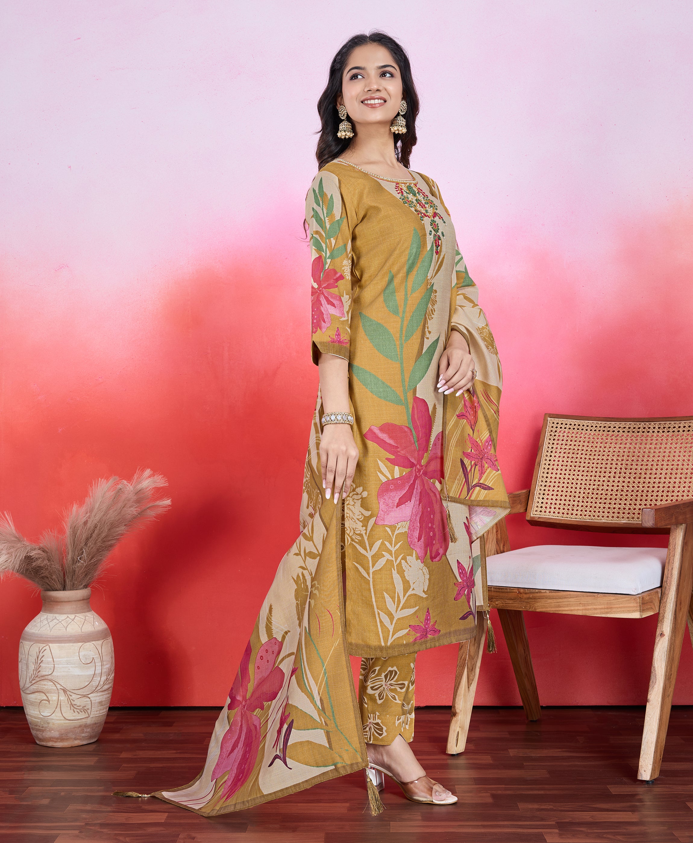 Her Couture Women's Mustard Viscose Floral & Leaf Print Straight Kurta With Pant & Printed Dupatta
