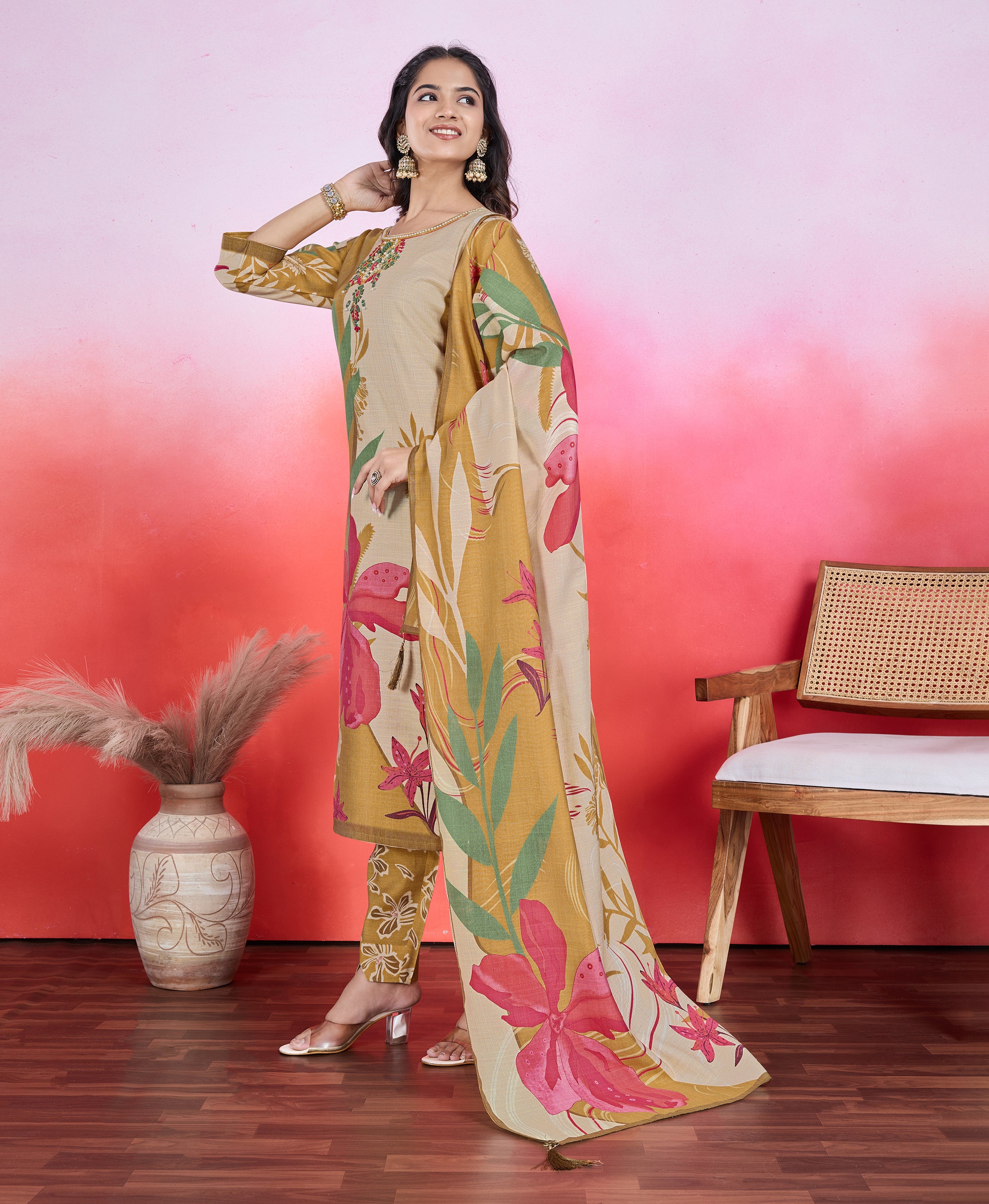 Her Couture Women's Mustard Viscose Floral & Leaf Print Straight Kurta With Pant & Printed Dupatta