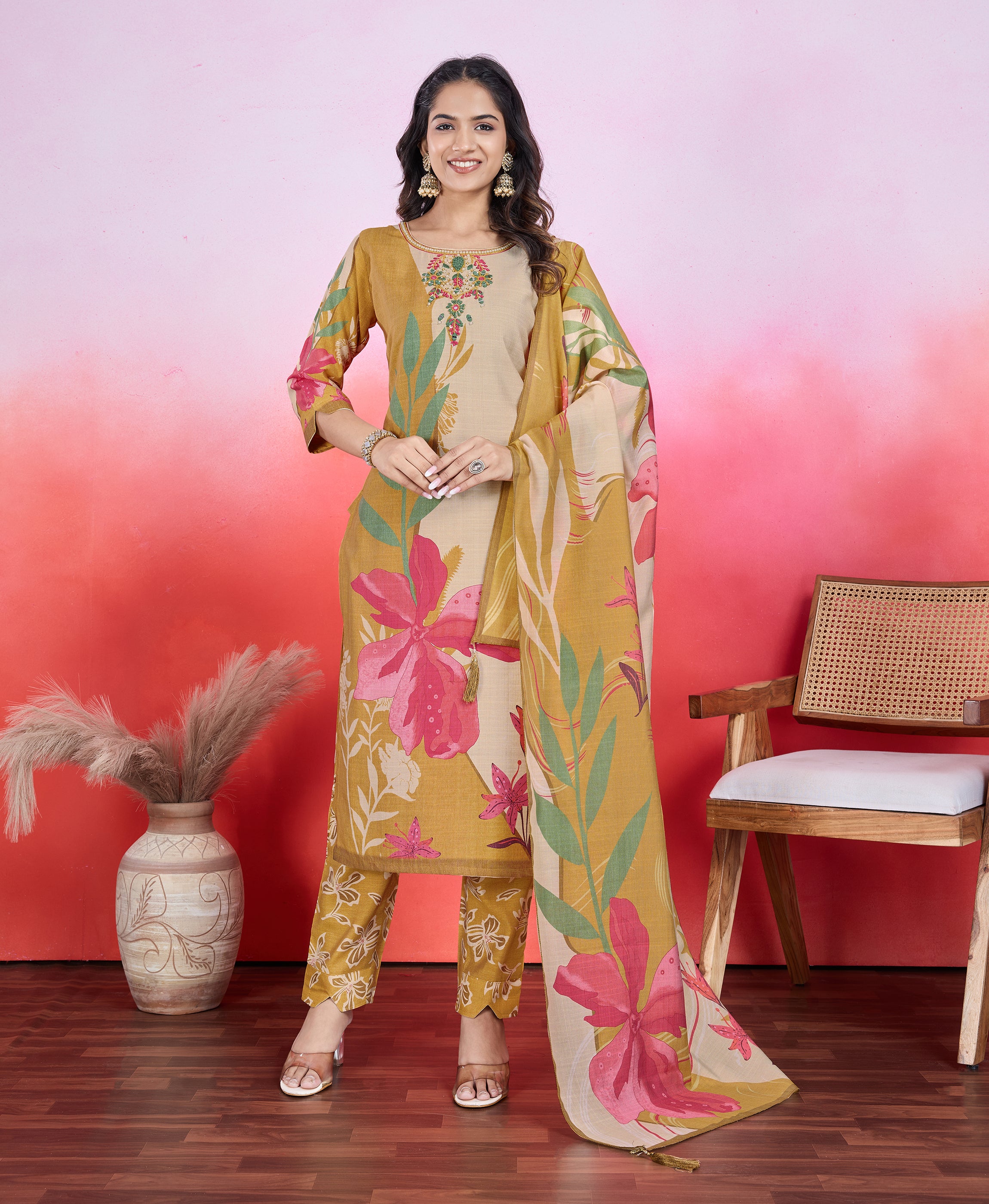 Mustard Viscose Straight Festive & Party Kurta Set by Her Couture