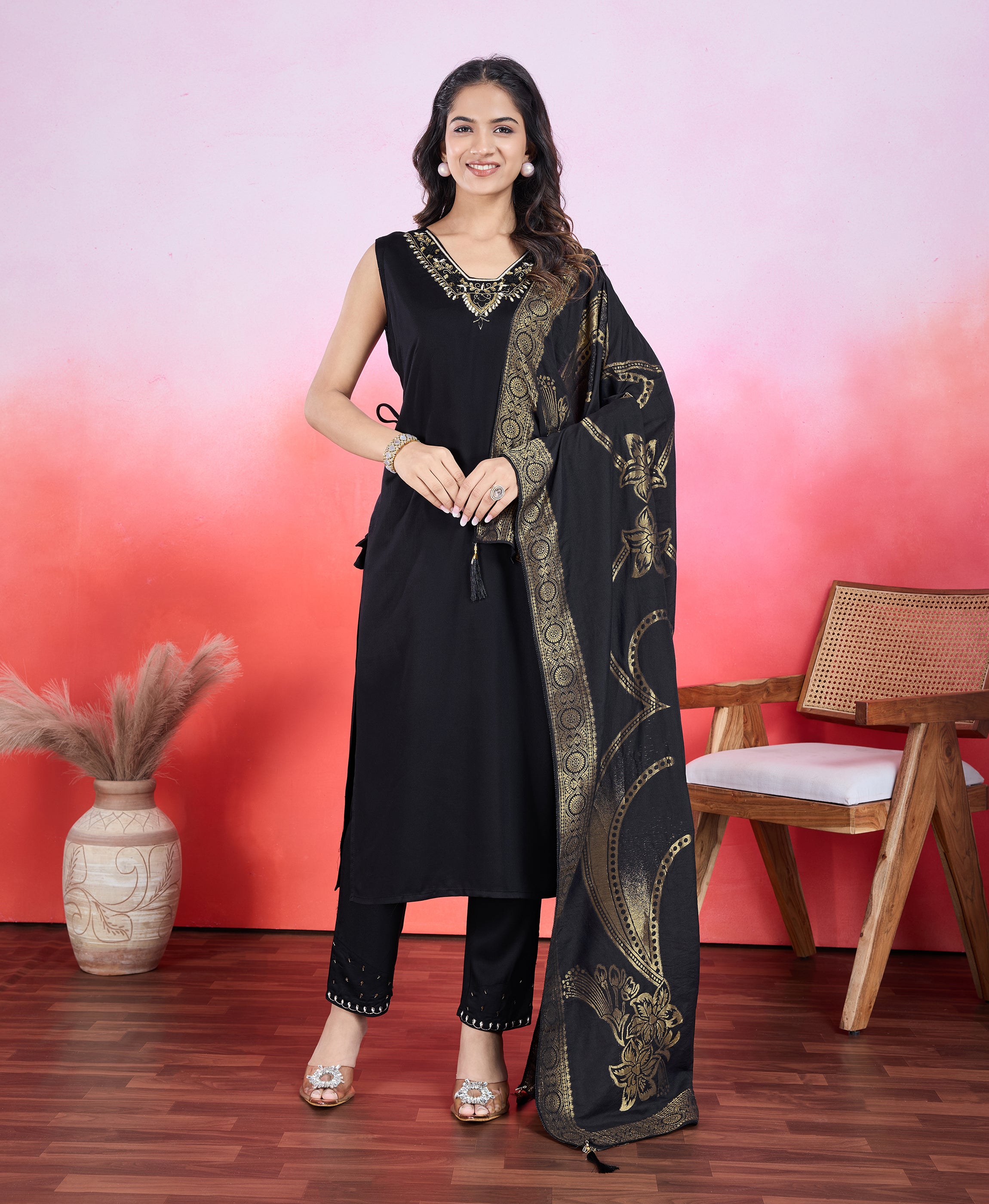 Black Viscose Satin Straight Festive & Party Kurta Set by Her Couture