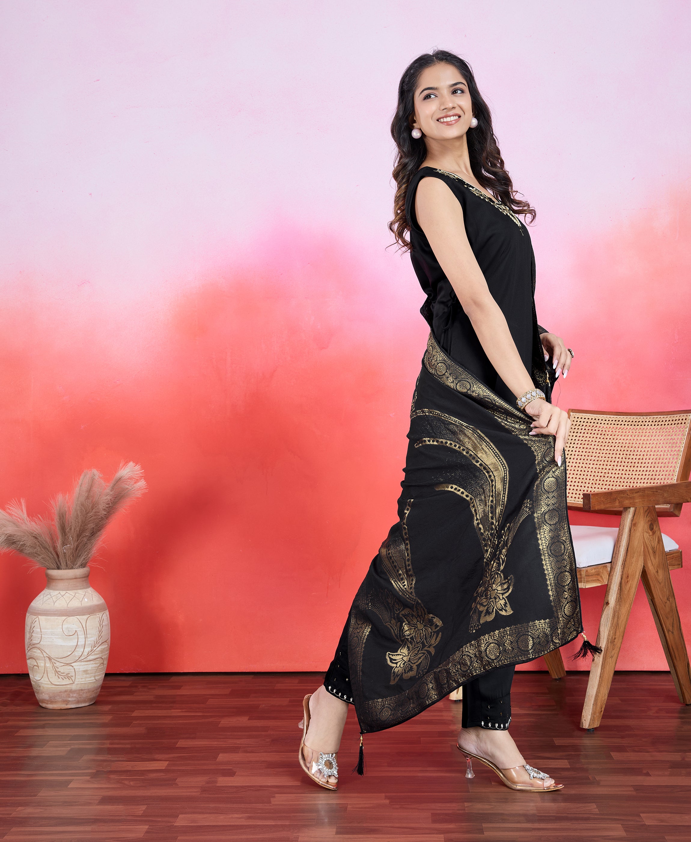 Her Couture Women's Black Viscose Satin Embroidered Straight Kurta With Pant & Printed Dupatta