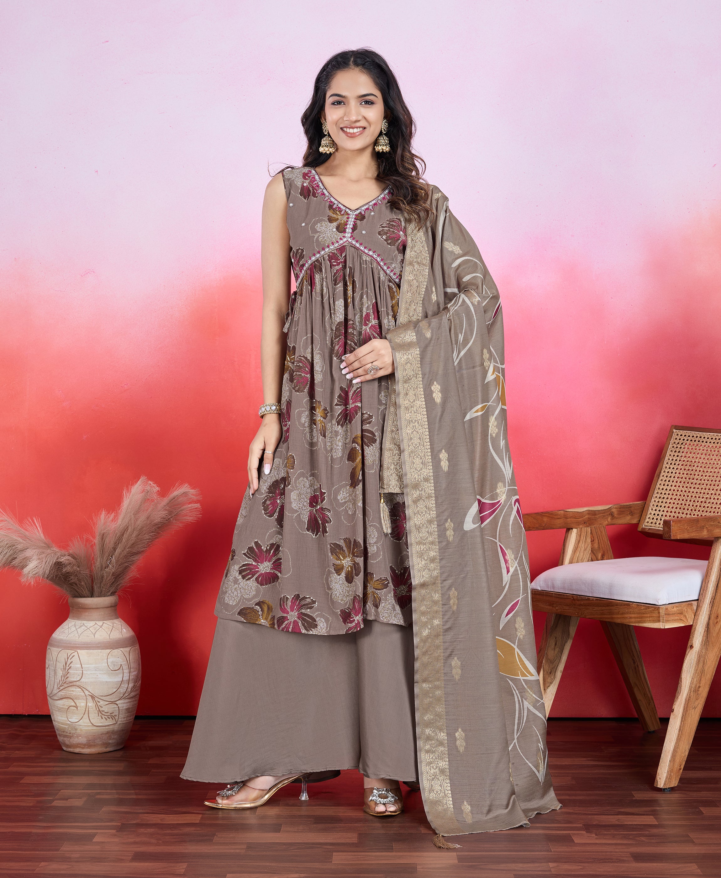 Brown Chiffon Viscose Flared Festive & Party Kurta Set by Her Couture