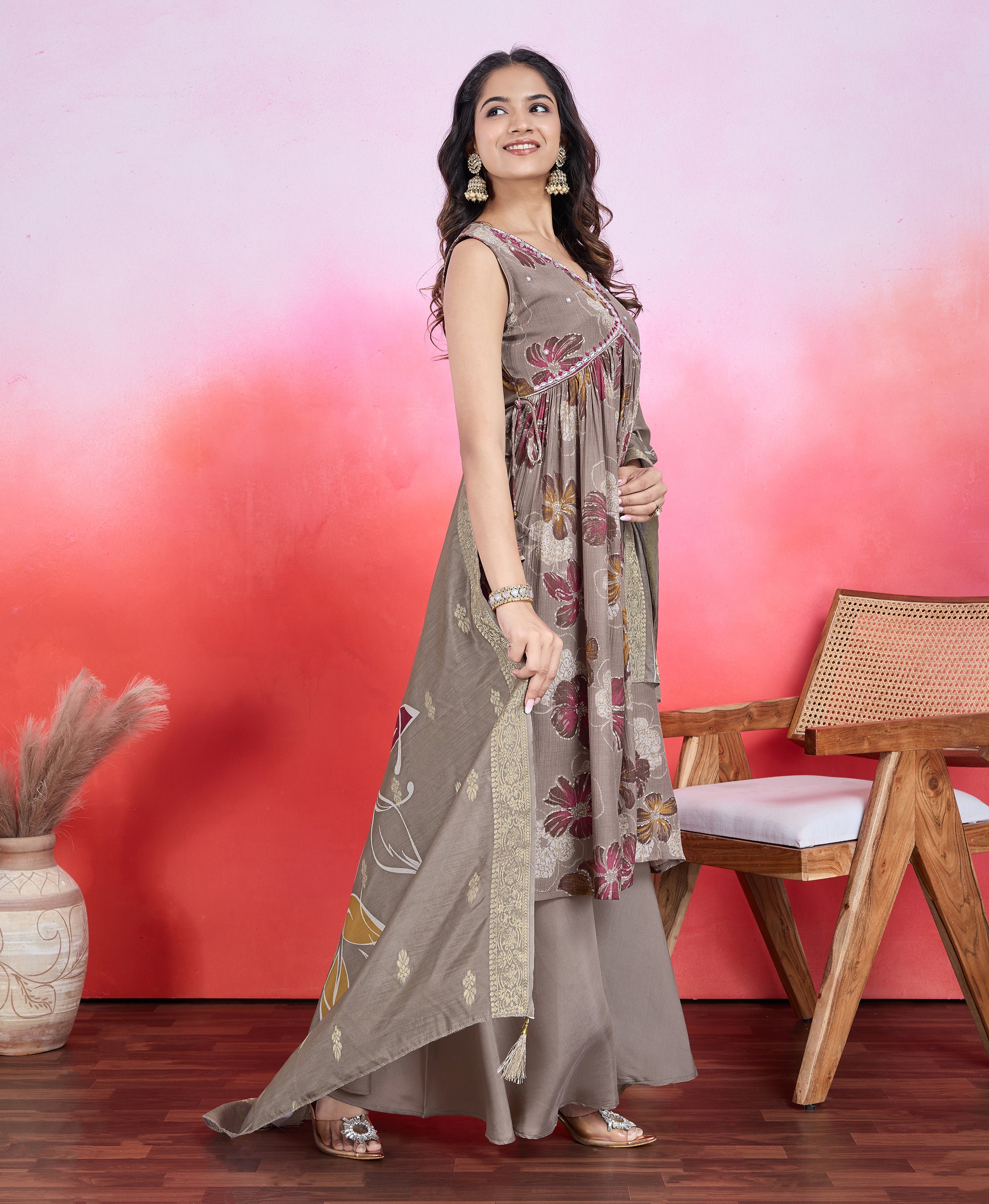Her Couture Women's Brown Chiffon Viscose Floral & Leaf Print Flared Kurta With Flared Palazzo & Printed Dupatta