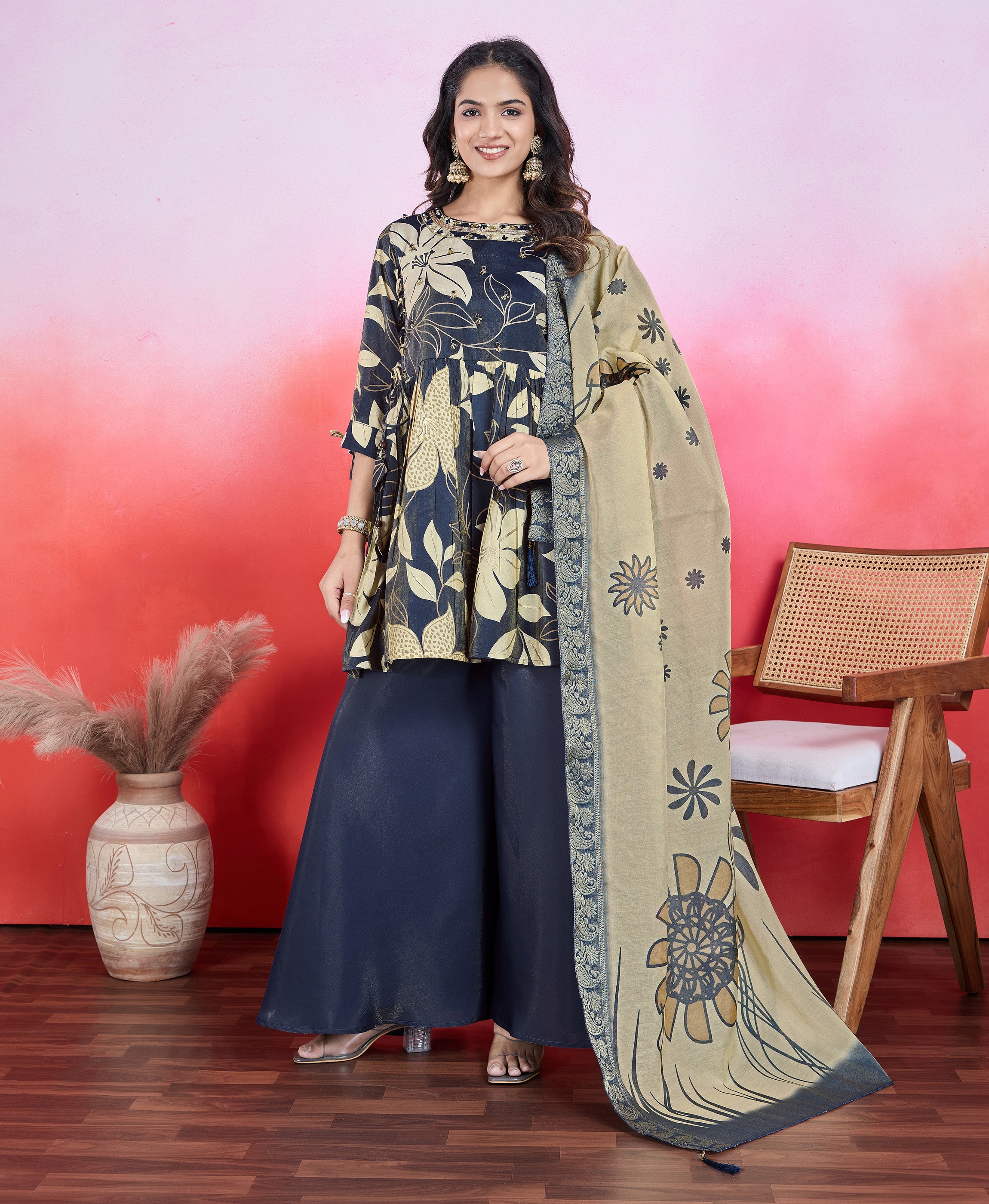 Navy Blue Shimmer Viscose Flared Festive & Party Kurta Set by Her Couture