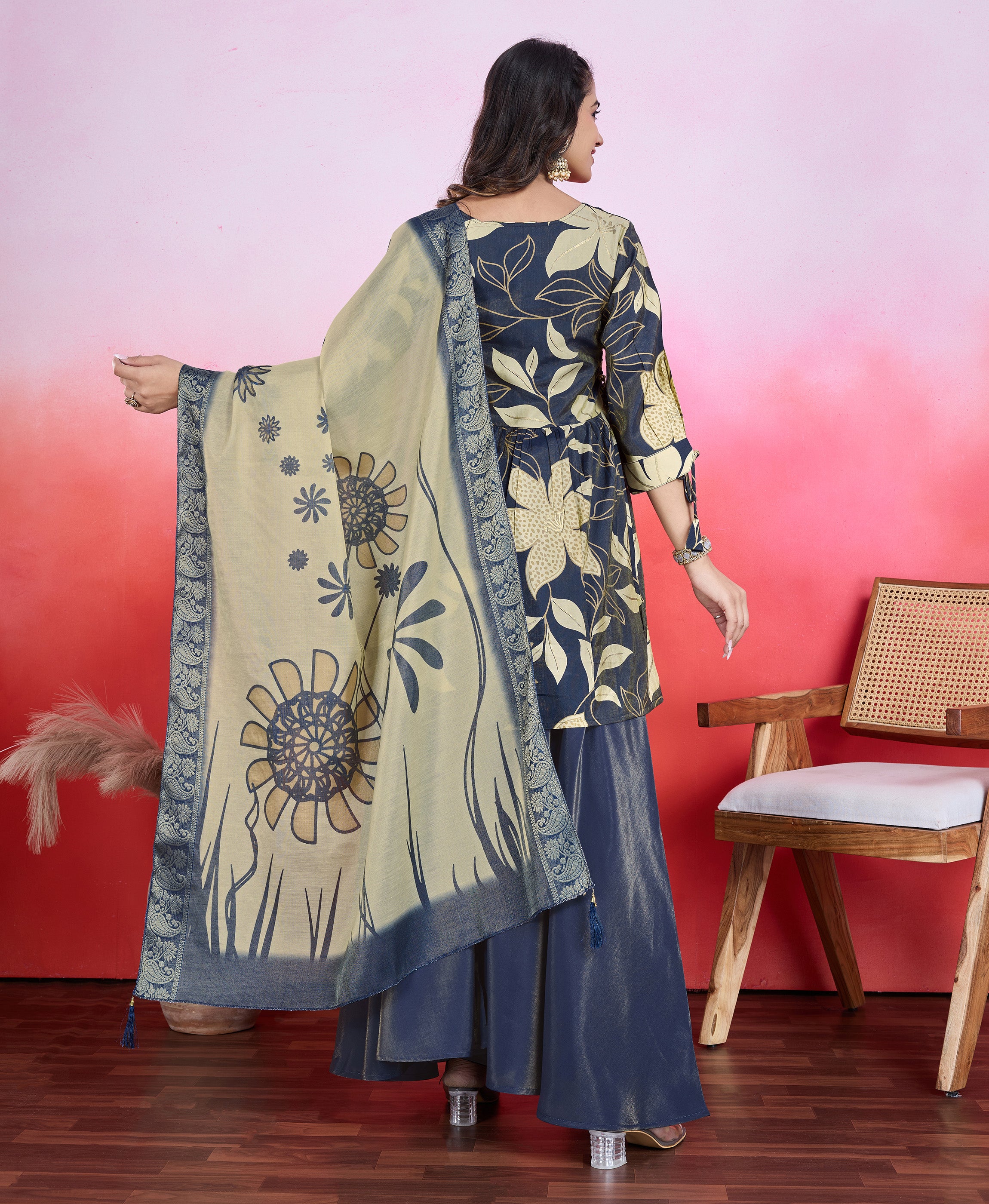 Her Couture Women's Navy Blue Shimmer Viscose Floral & Leaf Print Flared Kurta With Flared Palazzo & Printed Dupatta