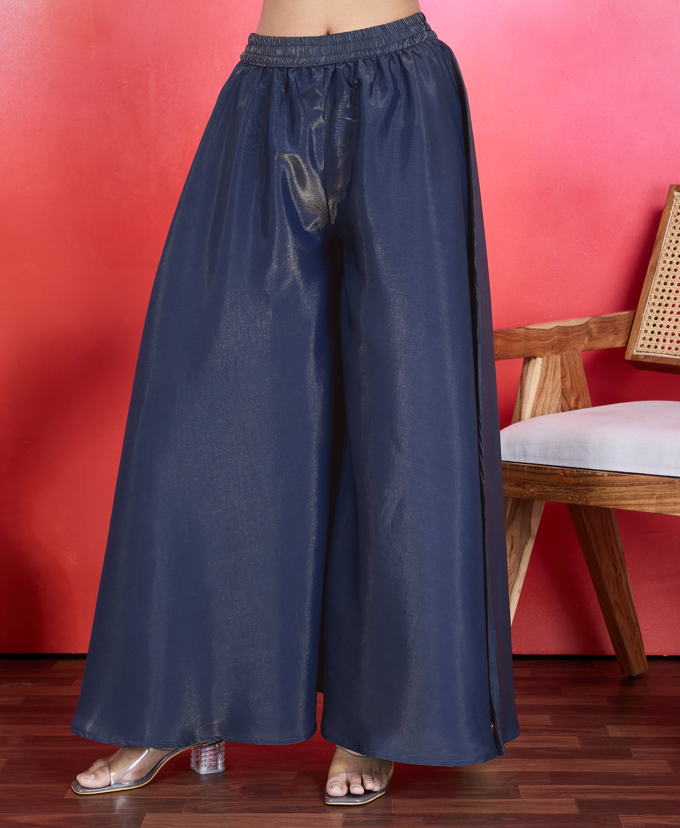 Her Couture Women's Navy Blue Shimmer Viscose Floral & Leaf Print Flared Kurta With Flared Palazzo & Printed Dupatta