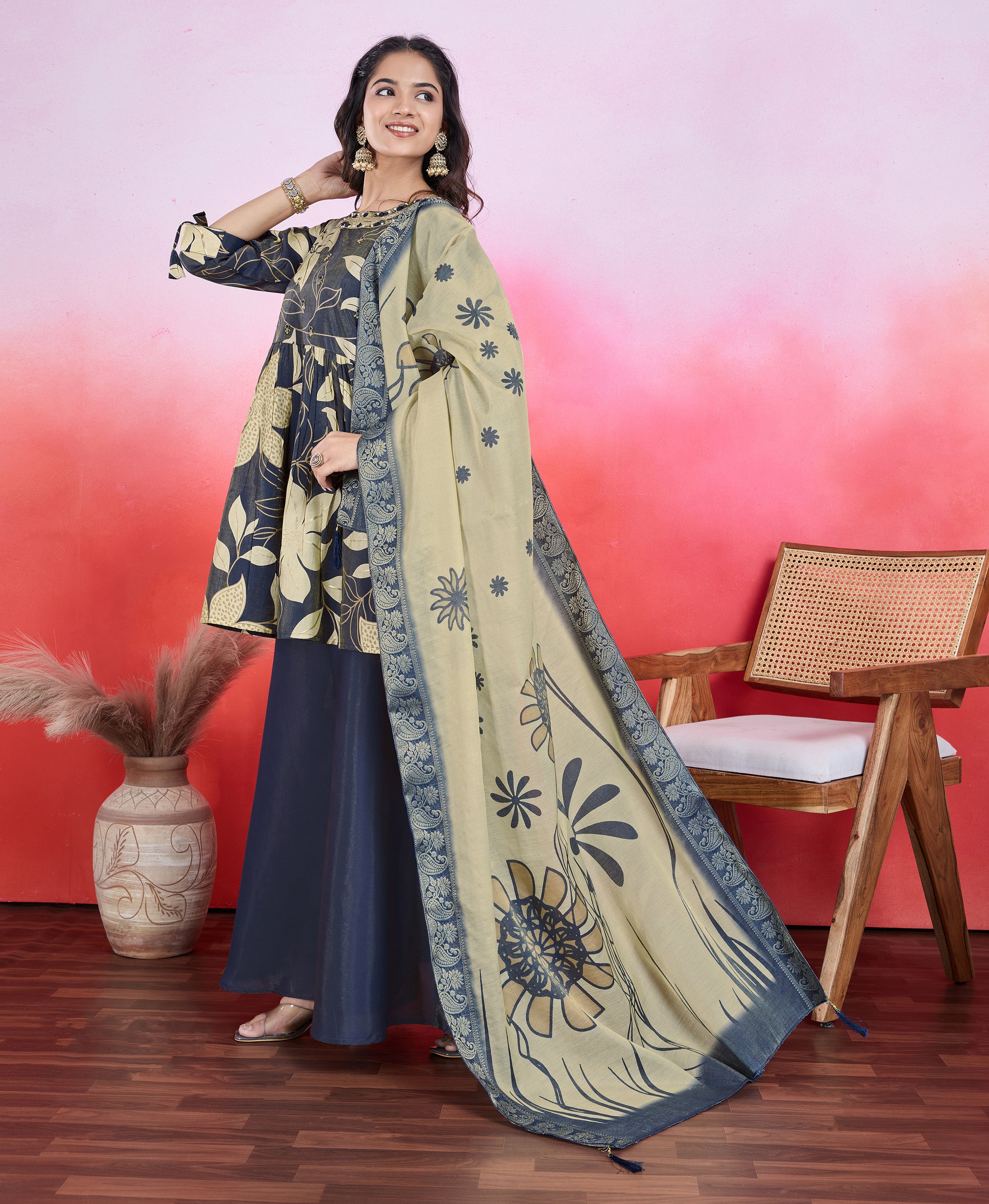 Her Couture Women's Navy Blue Shimmer Viscose Floral & Leaf Print Flared Kurta With Flared Palazzo & Printed Dupatta
