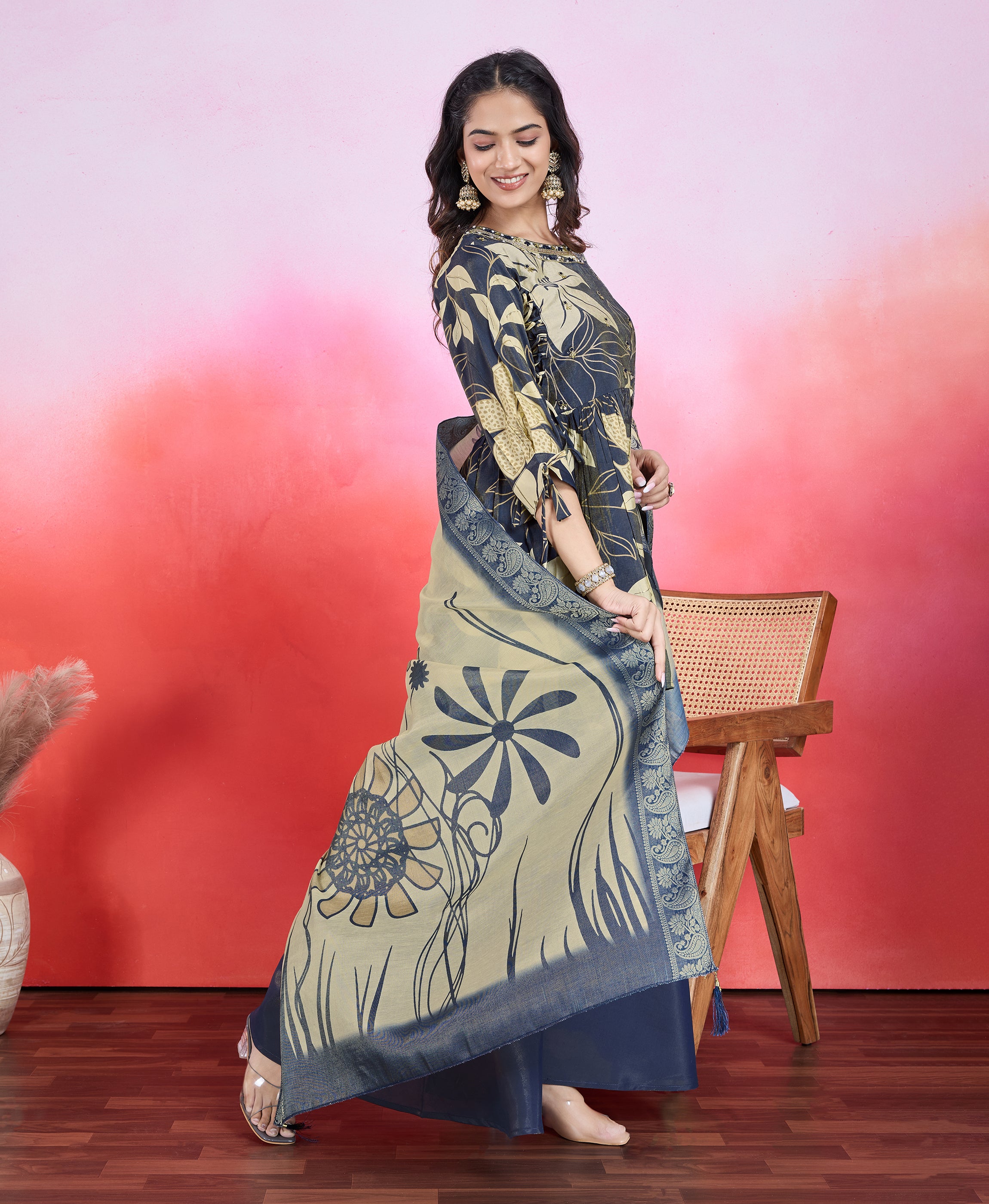 Her Couture Women's Navy Blue Shimmer Viscose Floral & Leaf Print Flared Kurta With Flared Palazzo & Printed Dupatta