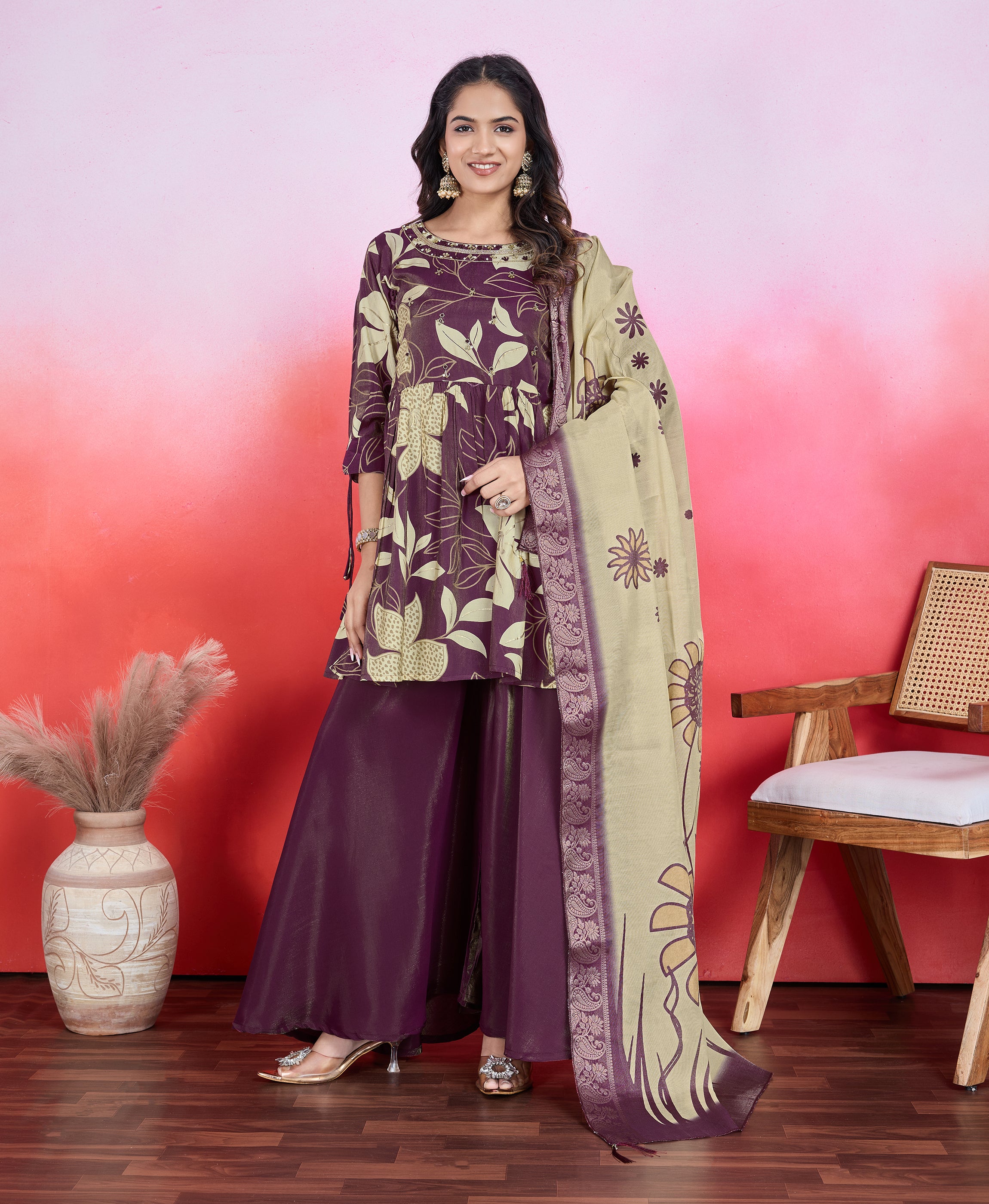 Maroon Shimmer Viscose Flared Festive & Party Kurta Set by Her Couture
