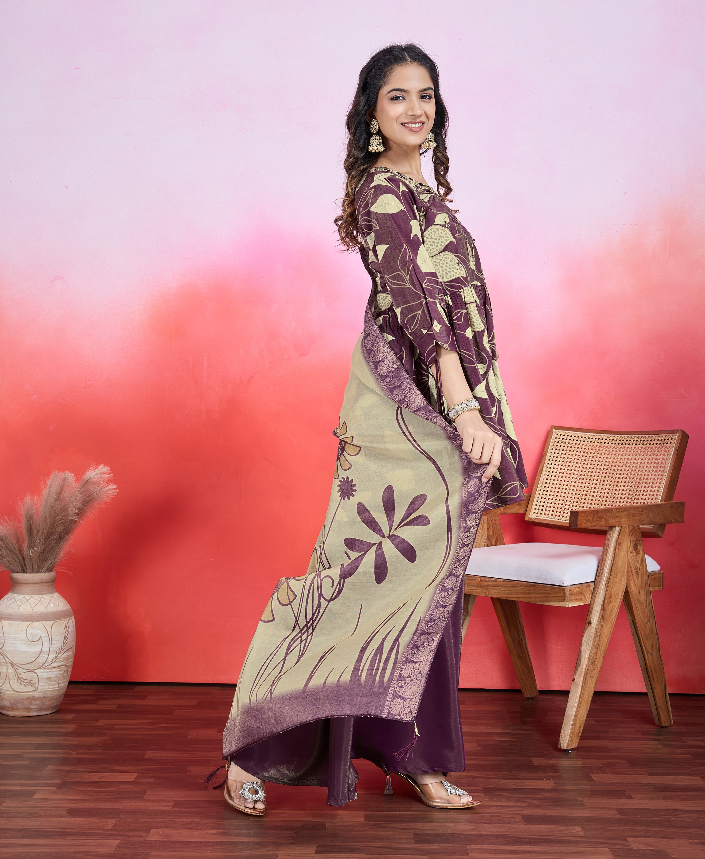 Her Couture Women's Maroon Shimmer Viscose Floral & Leaf Print Flared Kurta With Flared Palazzo & Printed Dupatta