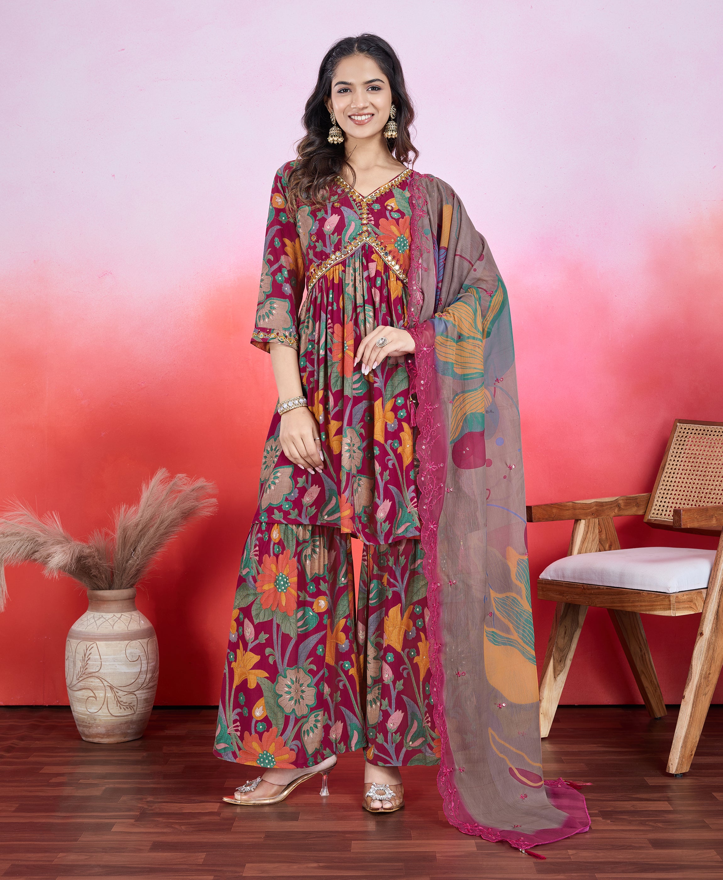 Pink Chiffon Viscose Flared Festive & Party Kurta Set by Her Couture