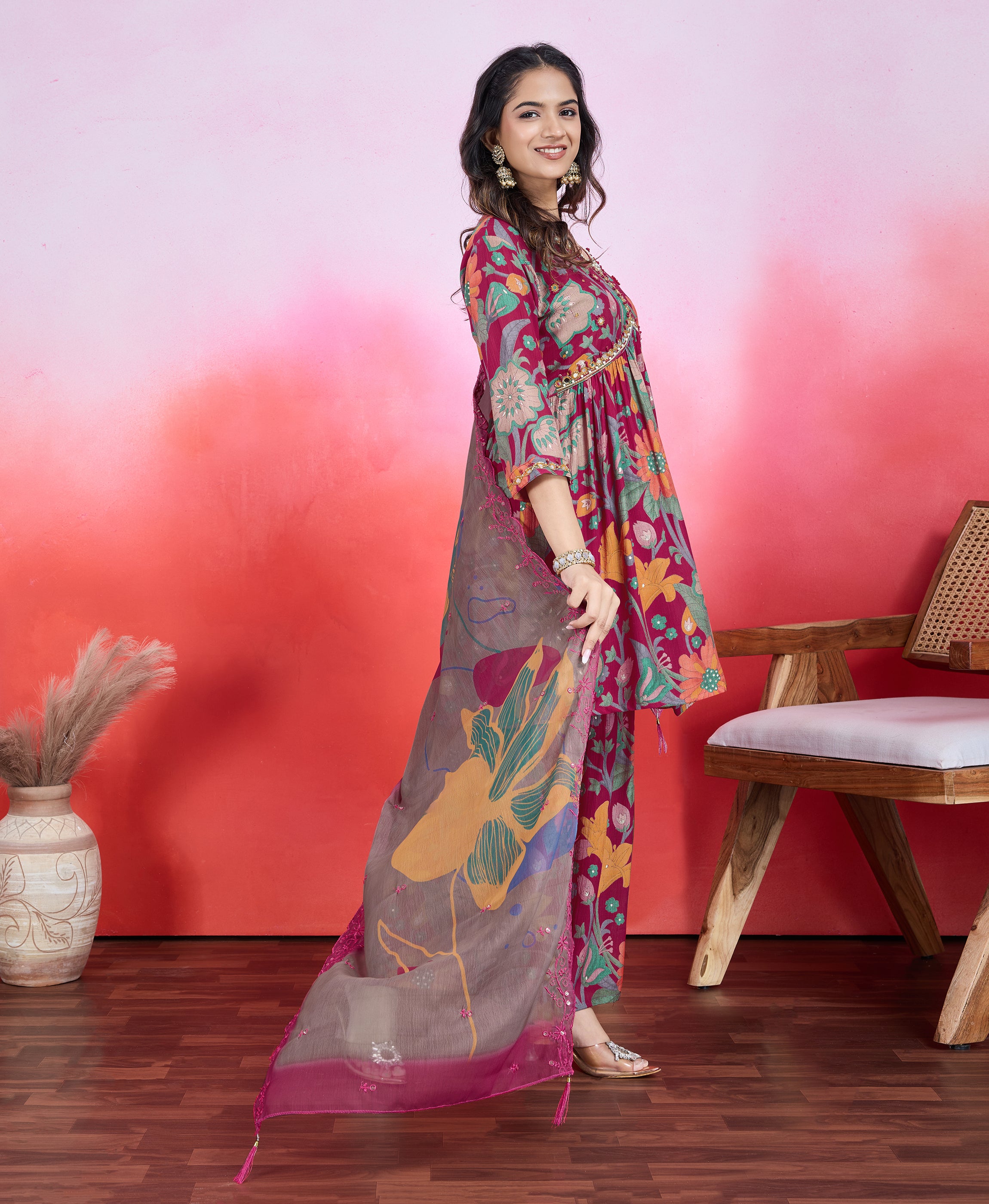 Her Couture Women's Pink Chiffon Viscose Floral & Leaf Print Flared Kurta With Sharara & Printed Dupatta