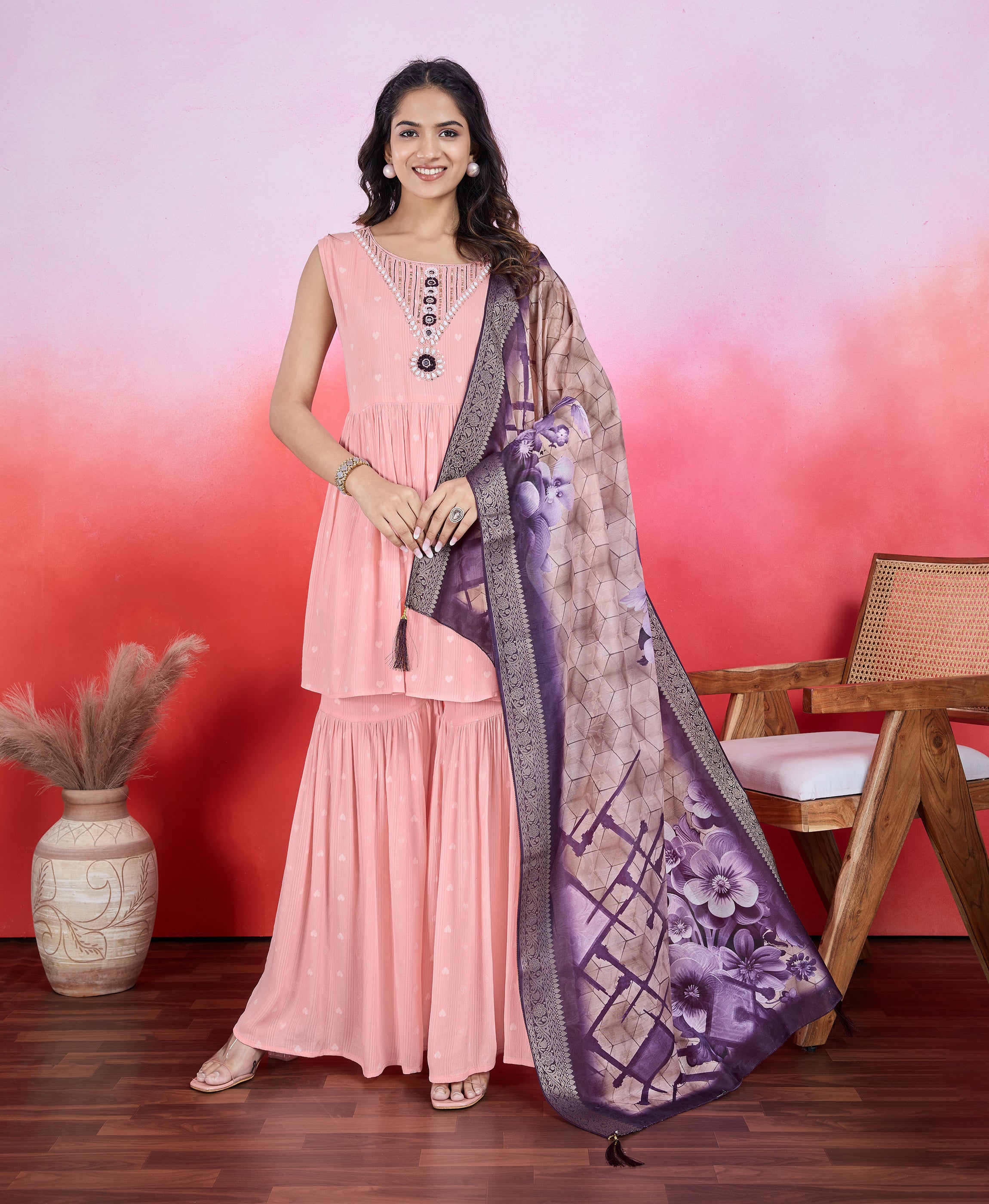 Peach Chiffon Crepe Viscose Flared Festive & Party Kurta Set by Her Couture