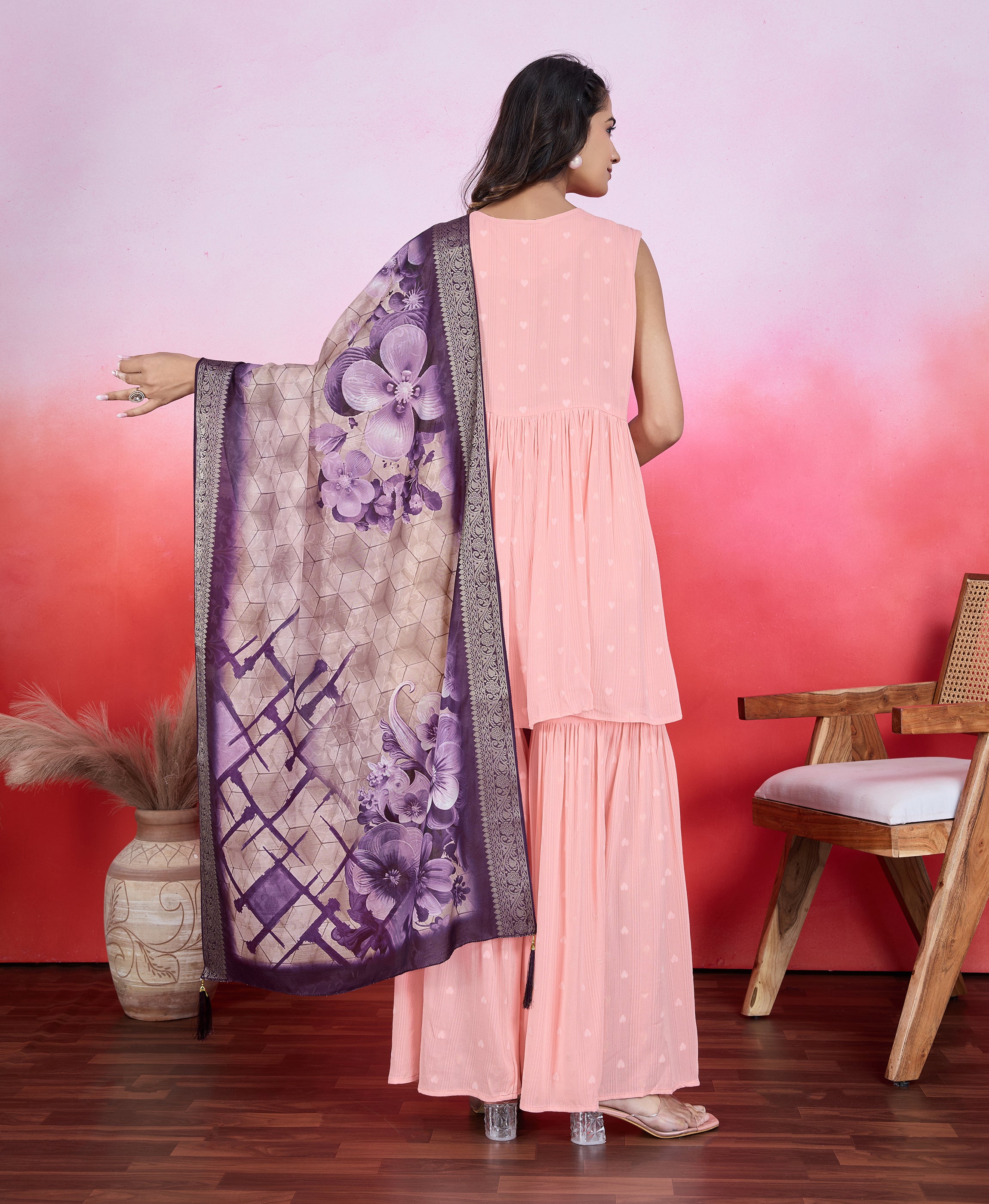 Her Couture Women's Peach Chiffon Crepe Viscose Embroidered Flared Kurta With Sharara & Printed Dupatta