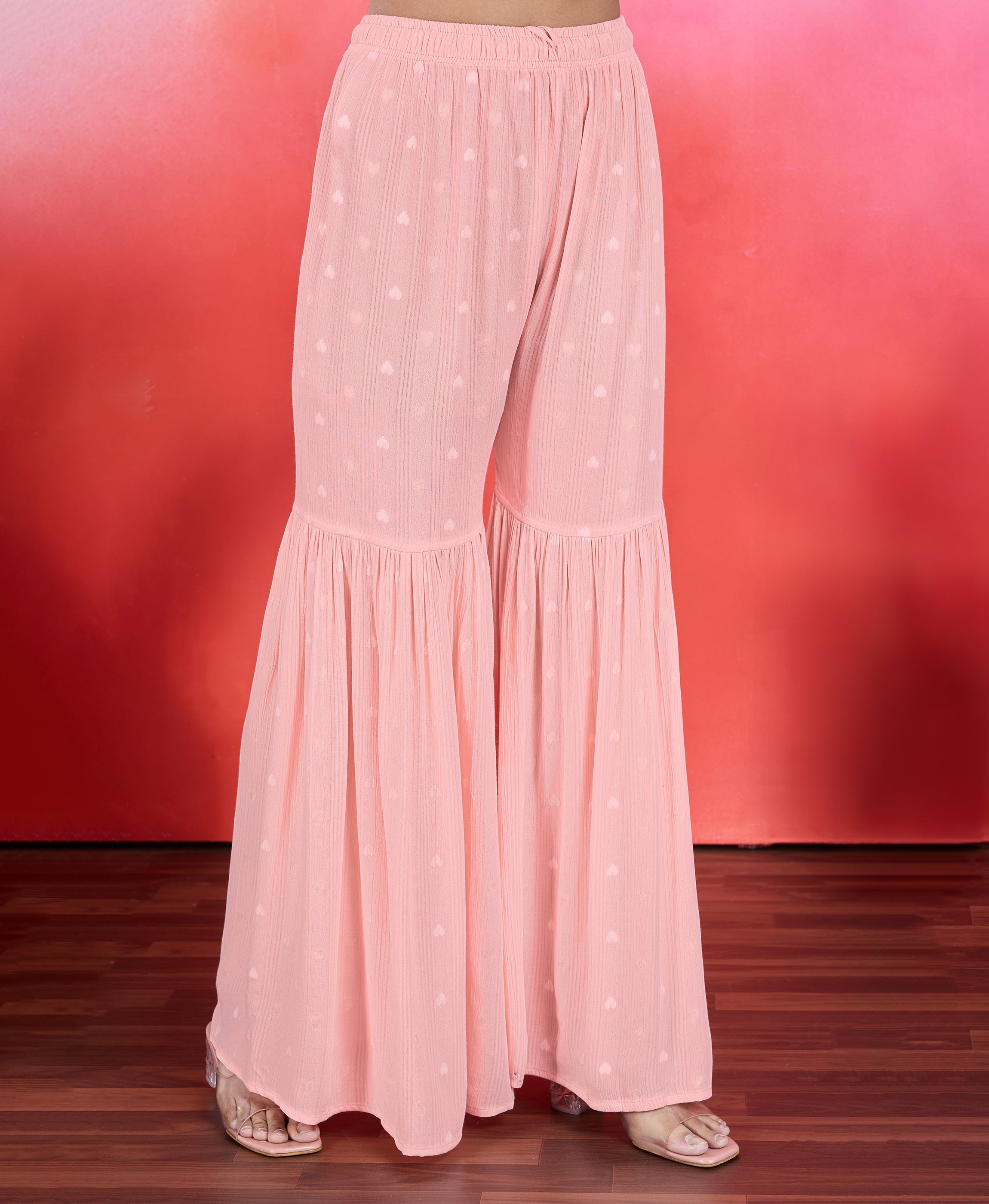 Her Couture Women's Peach Chiffon Crepe Viscose Embroidered Flared Kurta With Sharara & Printed Dupatta
