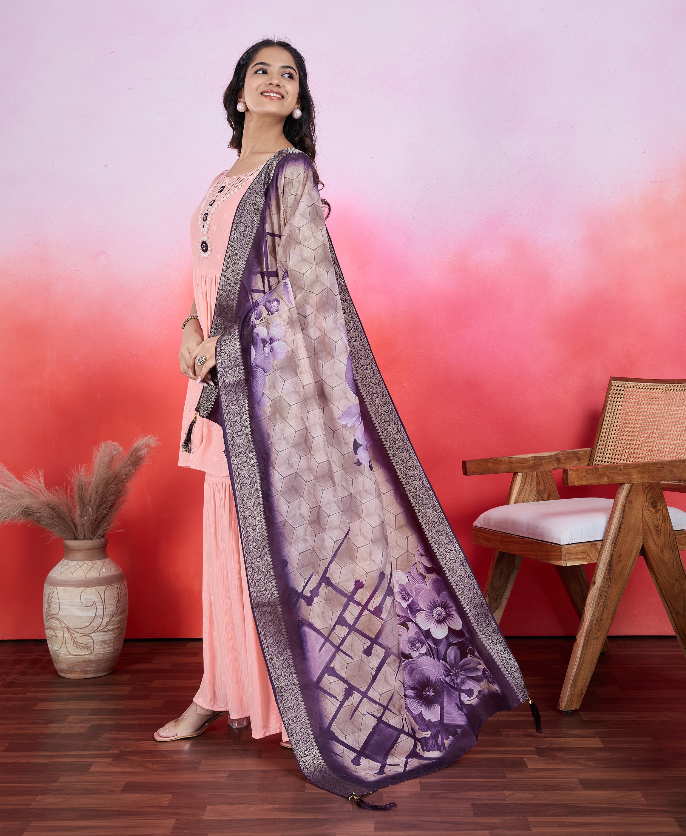 Her Couture Women's Peach Chiffon Crepe Viscose Embroidered Flared Kurta With Sharara & Printed Dupatta