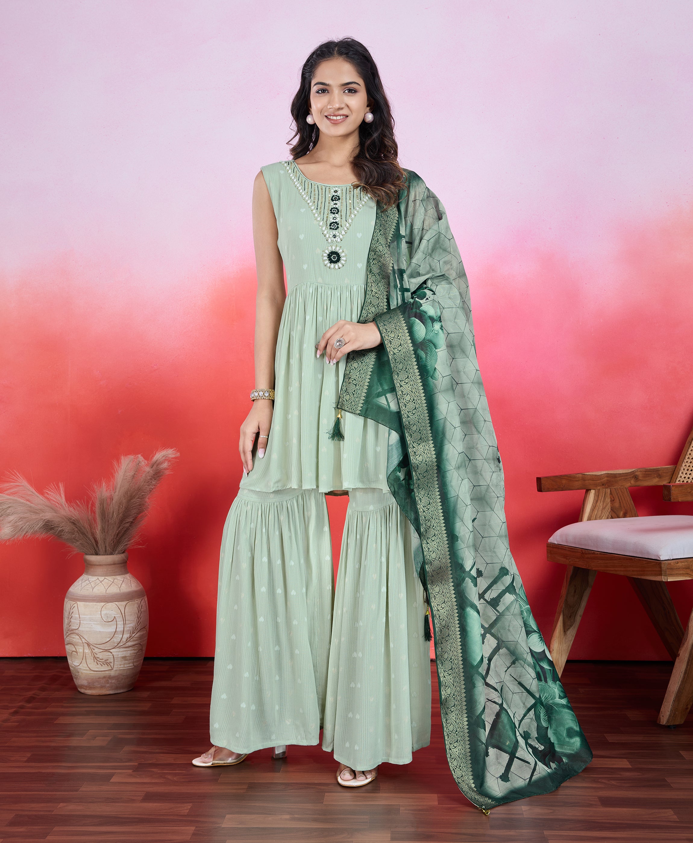 Light Green Chiffon Crepe Viscose Flared Festive & Party Kurta Set by Her Couture