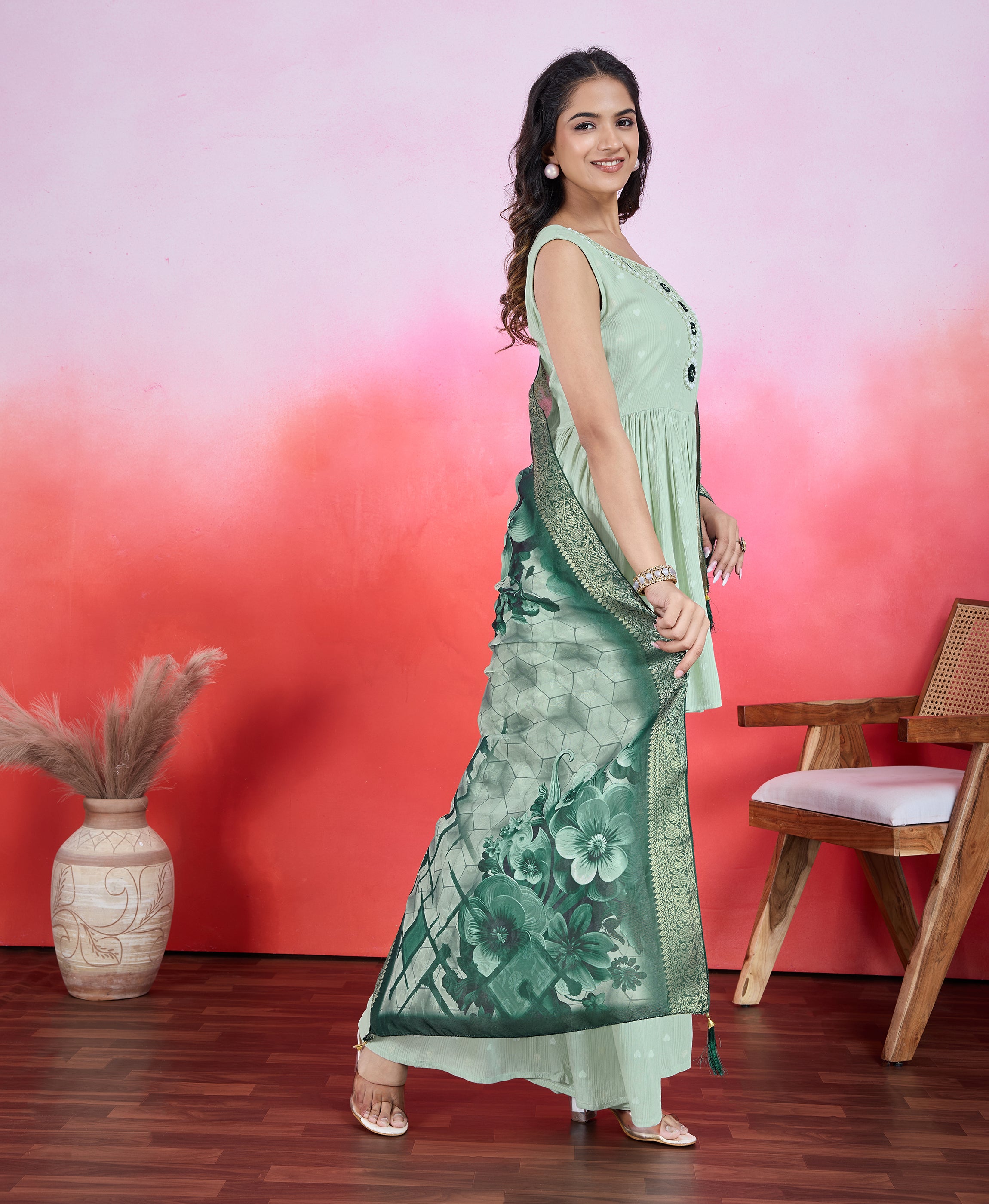 Her Couture Women's Light Green Chiffon Crepe Viscose Embroidered Flared Kurta With Sharara & Printed Dupatta