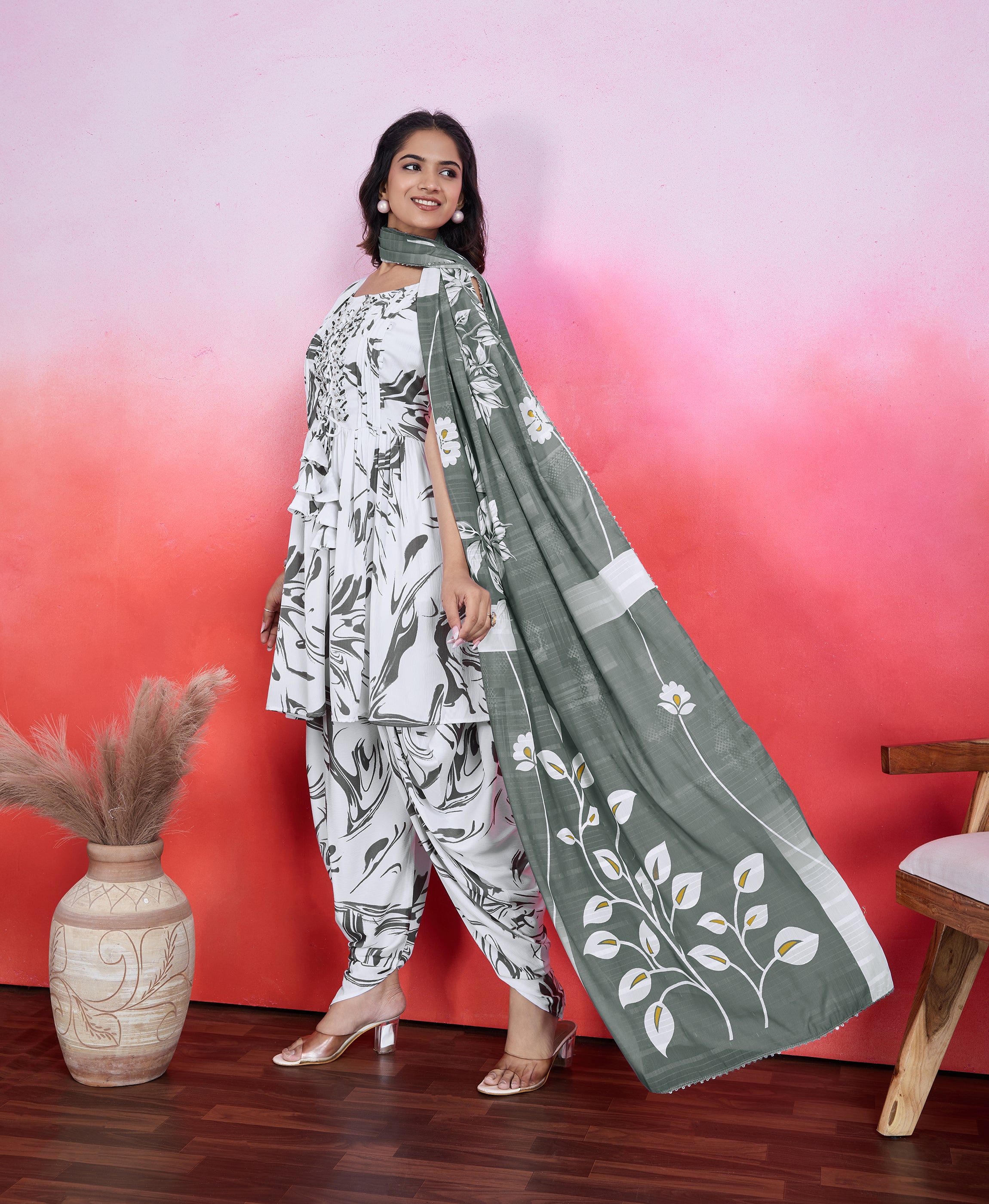 Her Couture Women's White Chiffon Crepe Geometric Flared Kurta With Tulip Pant & Printed Dupatta
