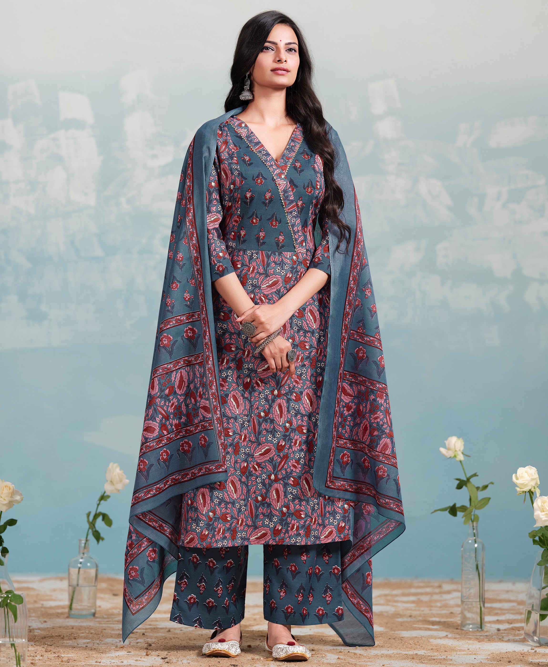 Her Couture Women's Iron Blue Cotton Floral & Leaf Print Straight Kurta With Palazzo & Printed Dupatta