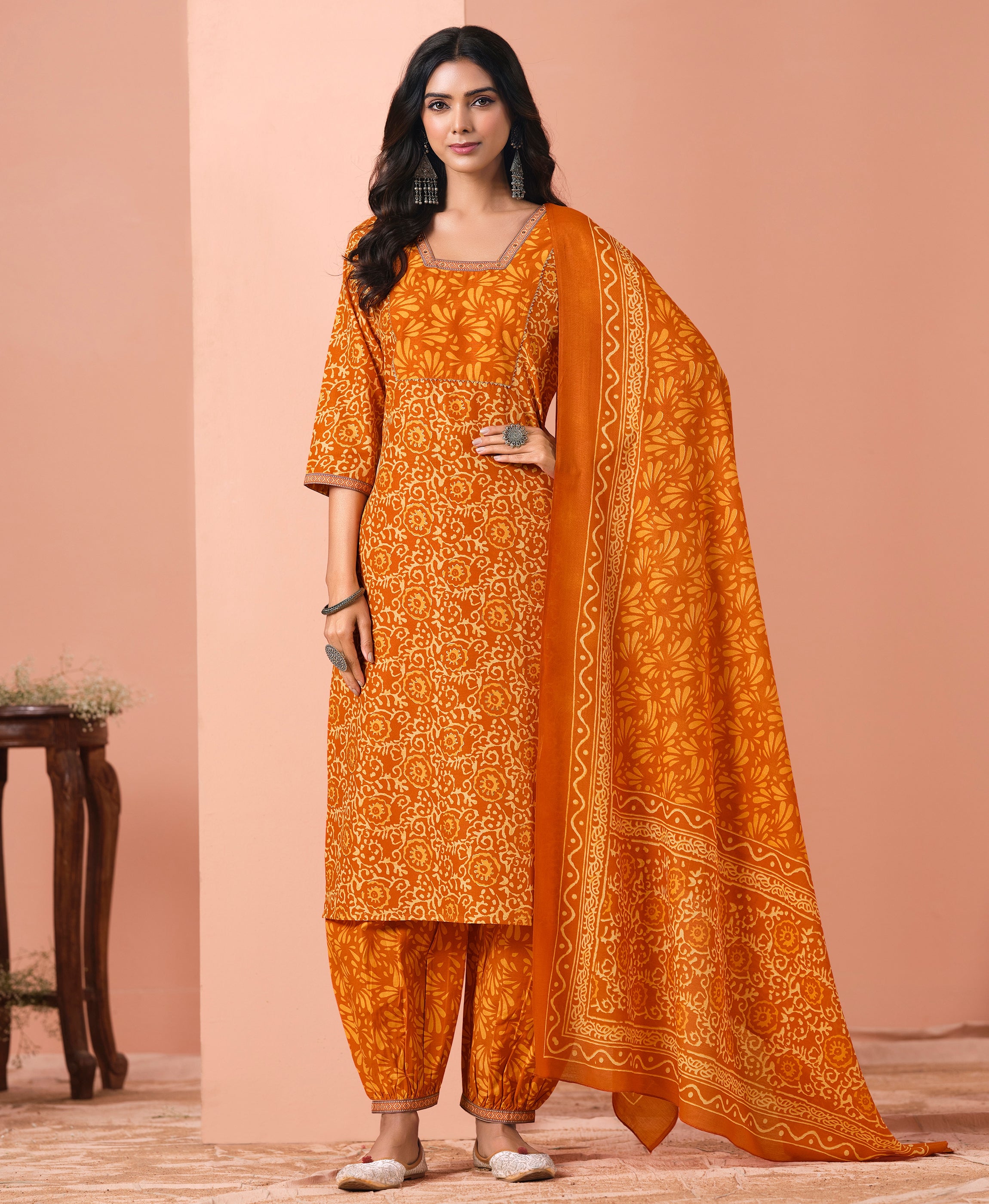 Her Couture Women's Orange Cotton Geometric Straight Kurta With Afghani Salwar & Printed Dupatta